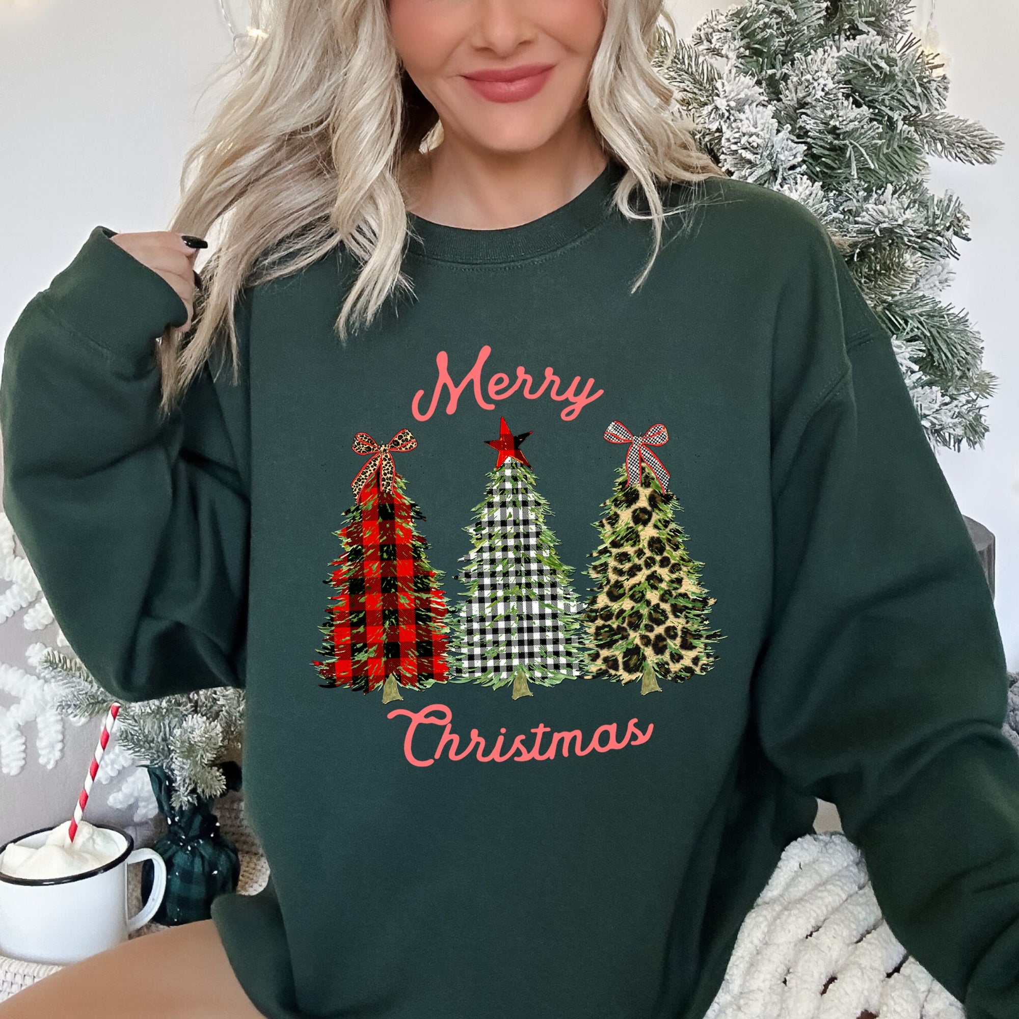 Merry Christmas, Leopard Print and Plaid Trees Seasonal Holiday Design Sweatshirt