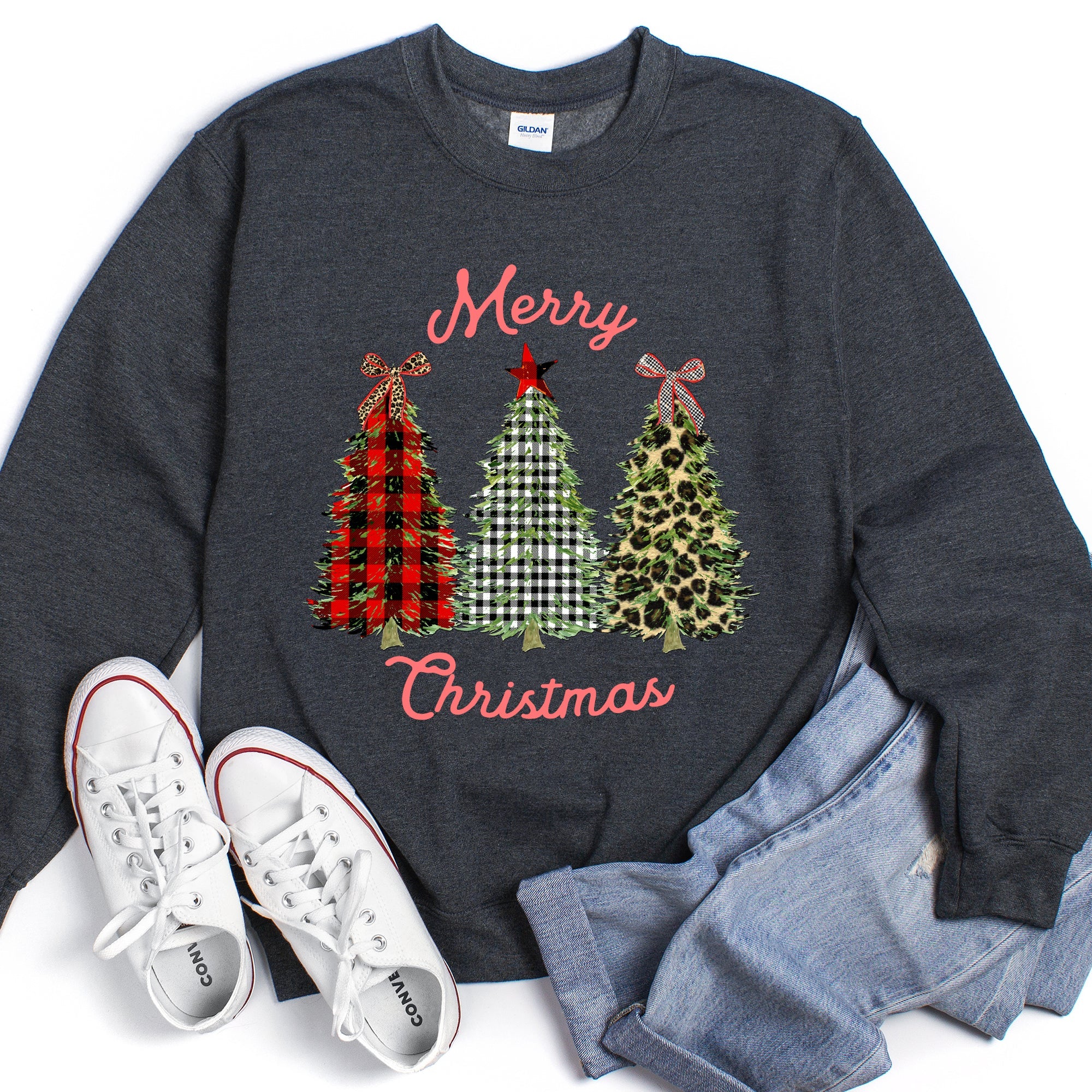 Merry Christmas, Leopard Print and Plaid Trees Seasonal Holiday Design Sweatshirt