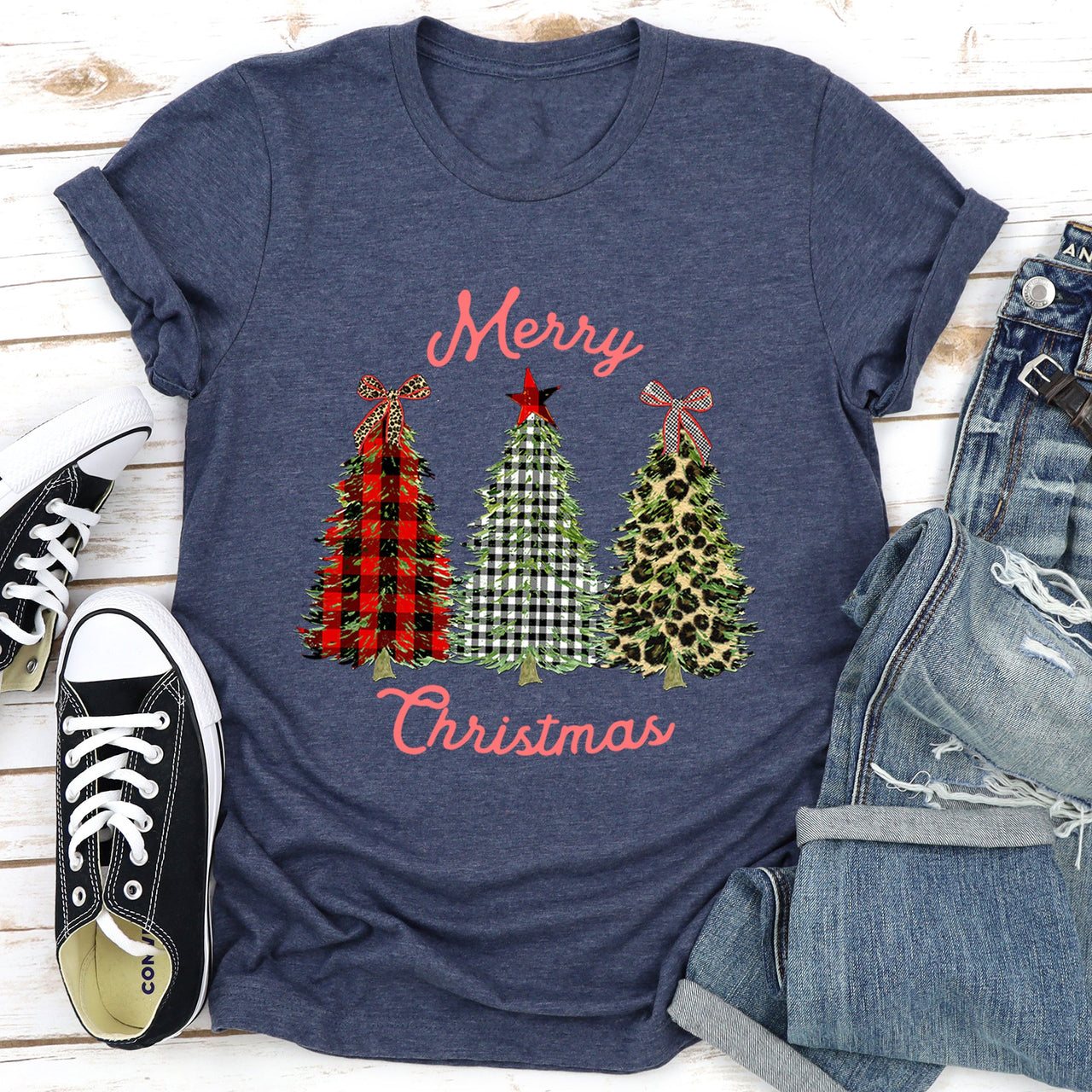 Merry Christmas Leopard Print And Plaid Trees With Ribbons Graphic Tee