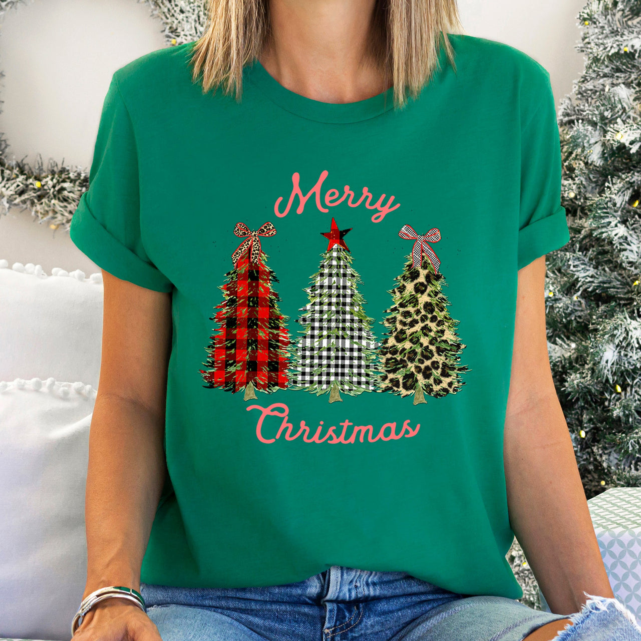 Merry Christmas Leopard Print And Plaid Trees With Ribbons Graphic Tee