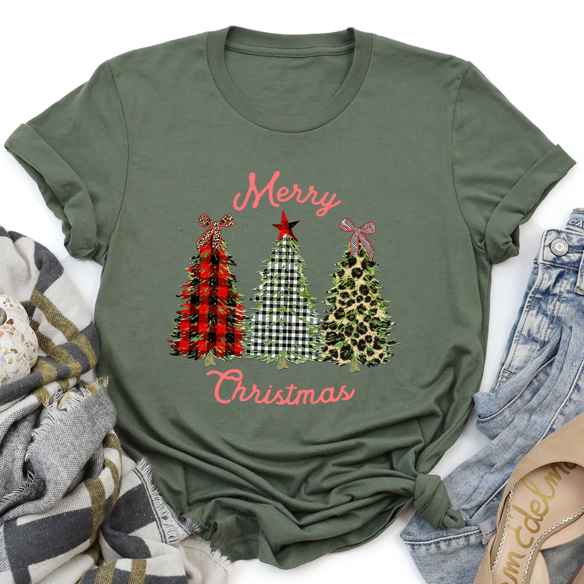 Merry Christmas Leopard Print And Plaid Trees With Ribbons Graphic Tee