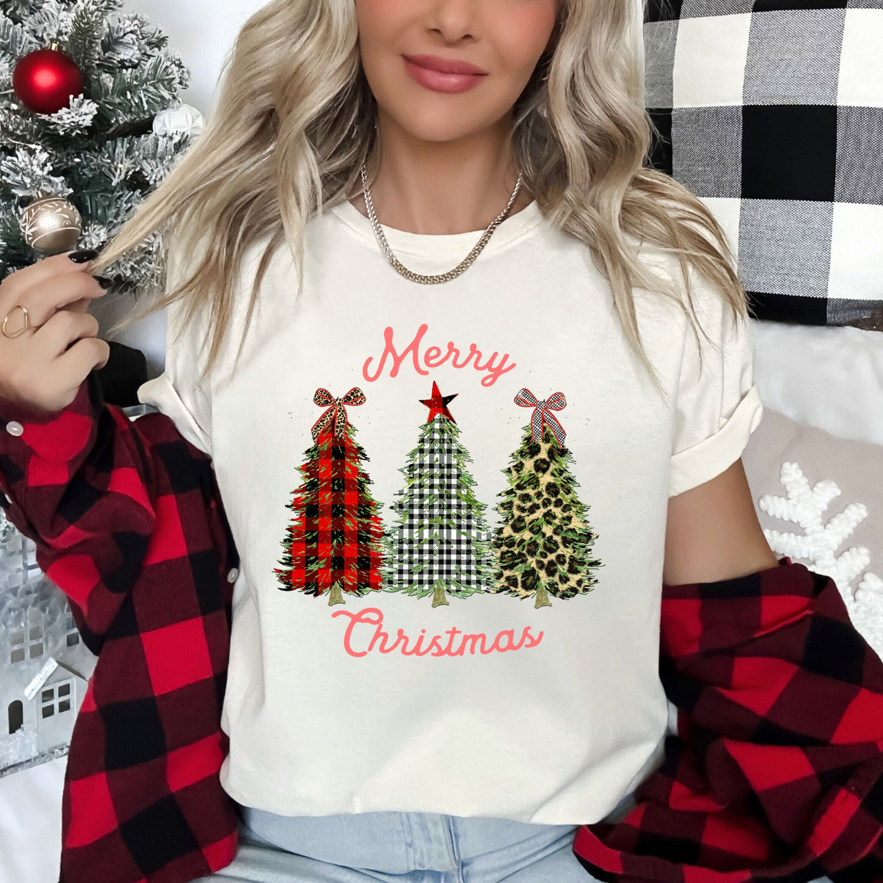 Merry Christmas Leopard Print And Plaid Trees With Ribbons Graphic Tee