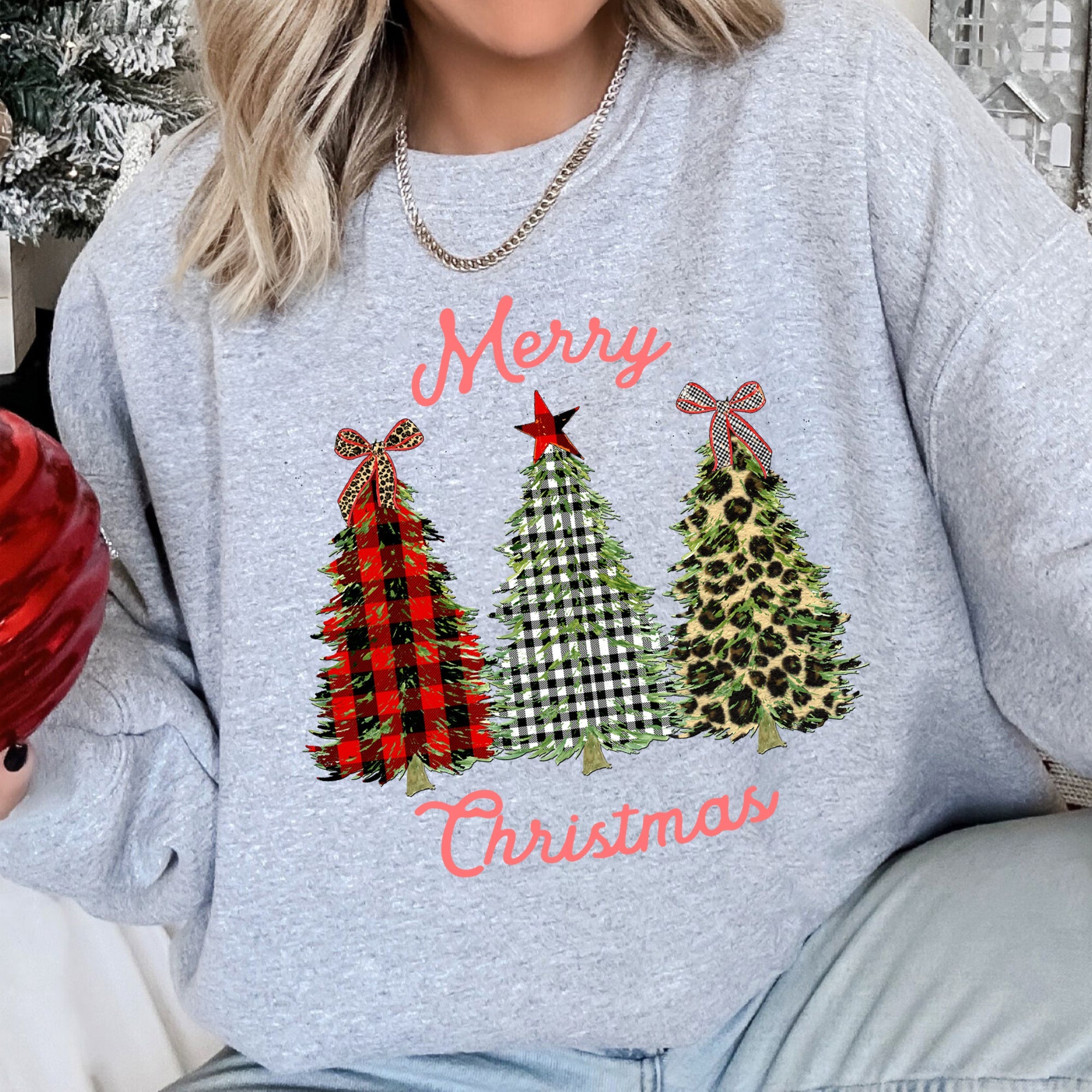 Merry Christmas, Leopard Print and Plaid Trees Seasonal Holiday Design Sweatshirt