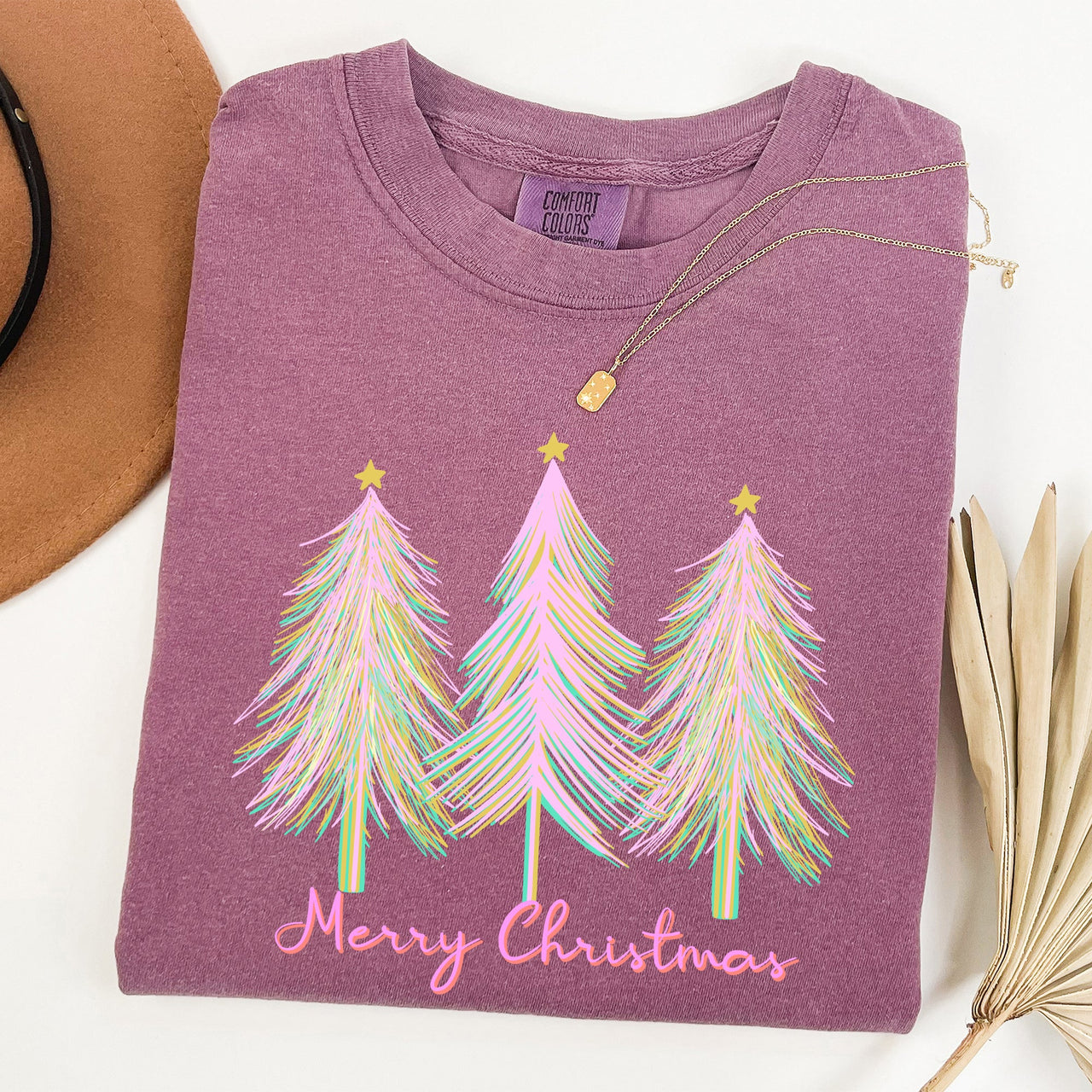 Merry Christmas Pastel Trees Winter Santa Xmas Forest Village Scene Comfort Colors Tee