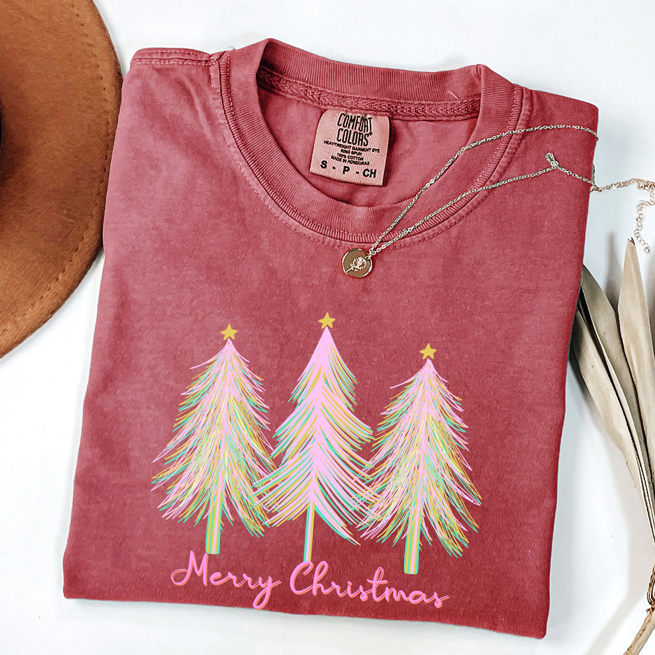 Merry Christmas Pastel Trees Winter Santa Xmas Forest Village Scene Comfort Colors Tee