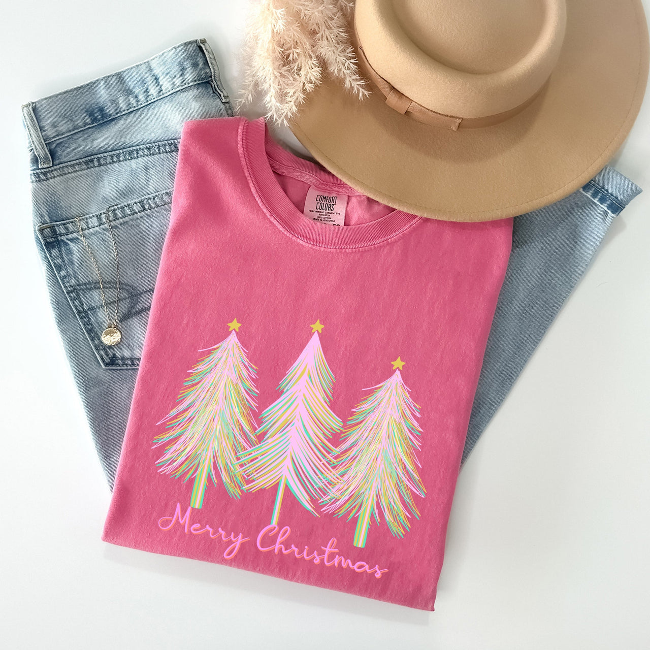 Merry Christmas Pastel Trees Winter Santa Xmas Forest Village Scene Comfort Colors Tee