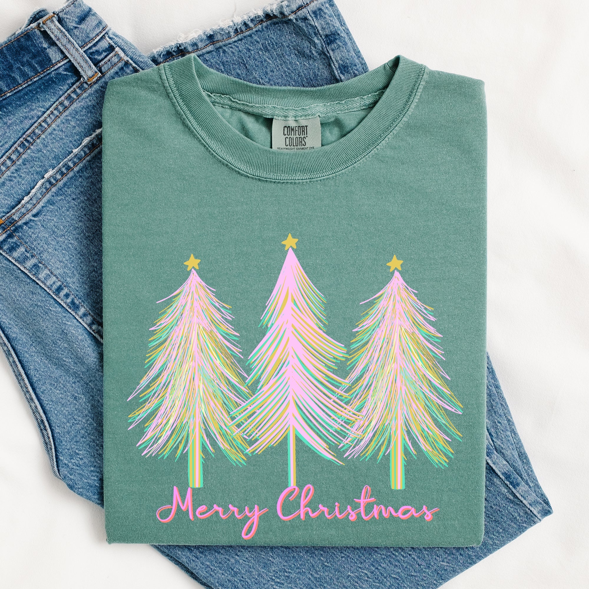 Merry Christmas Pastel Trees Winter Santa Xmas Forest Village Scene Comfort Colors Tee