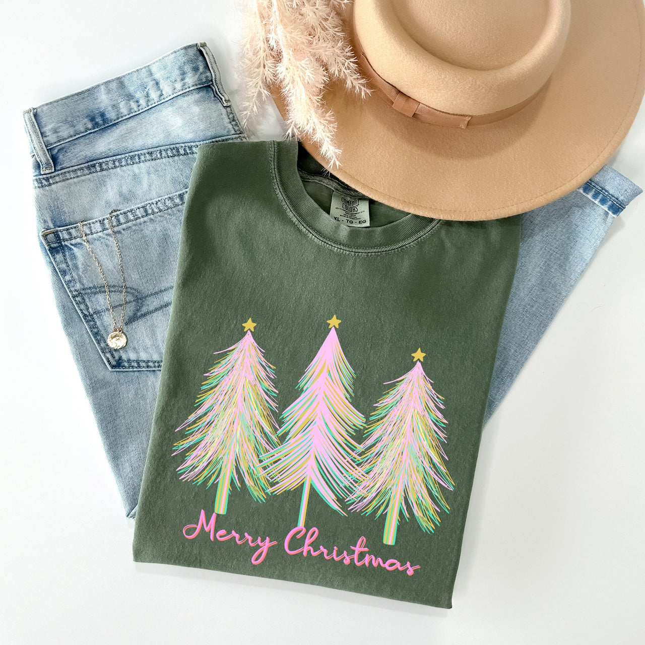 Merry Christmas Pastel Trees Winter Santa Xmas Forest Village Scene Comfort Colors Tee