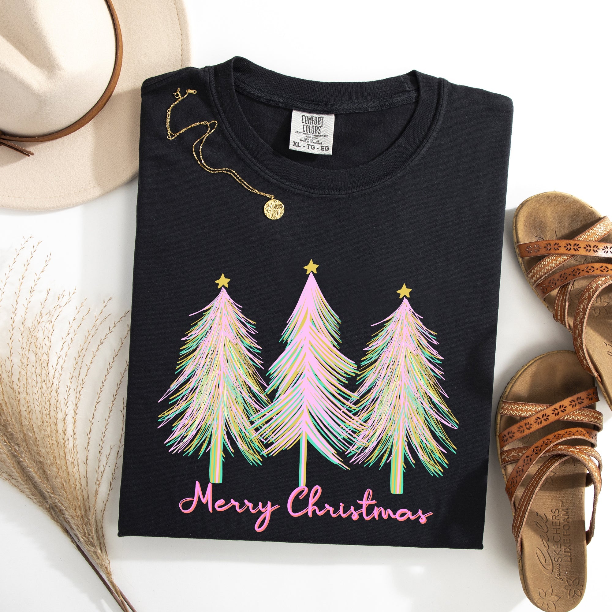 Merry Christmas Pastel Trees Winter Santa Xmas Forest Village Scene Comfort Colors Tee