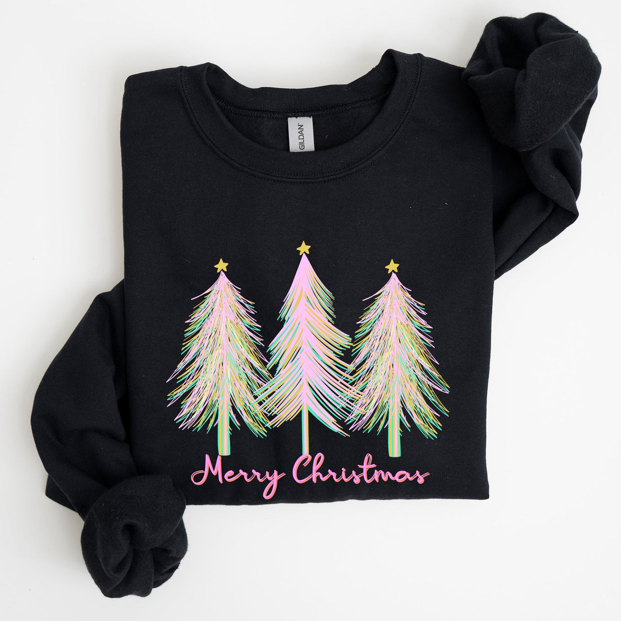 Merry Christmas Pastel Trees Winter Santa Xmas Seasonal Festive Cozy Graphic Sweatshirt