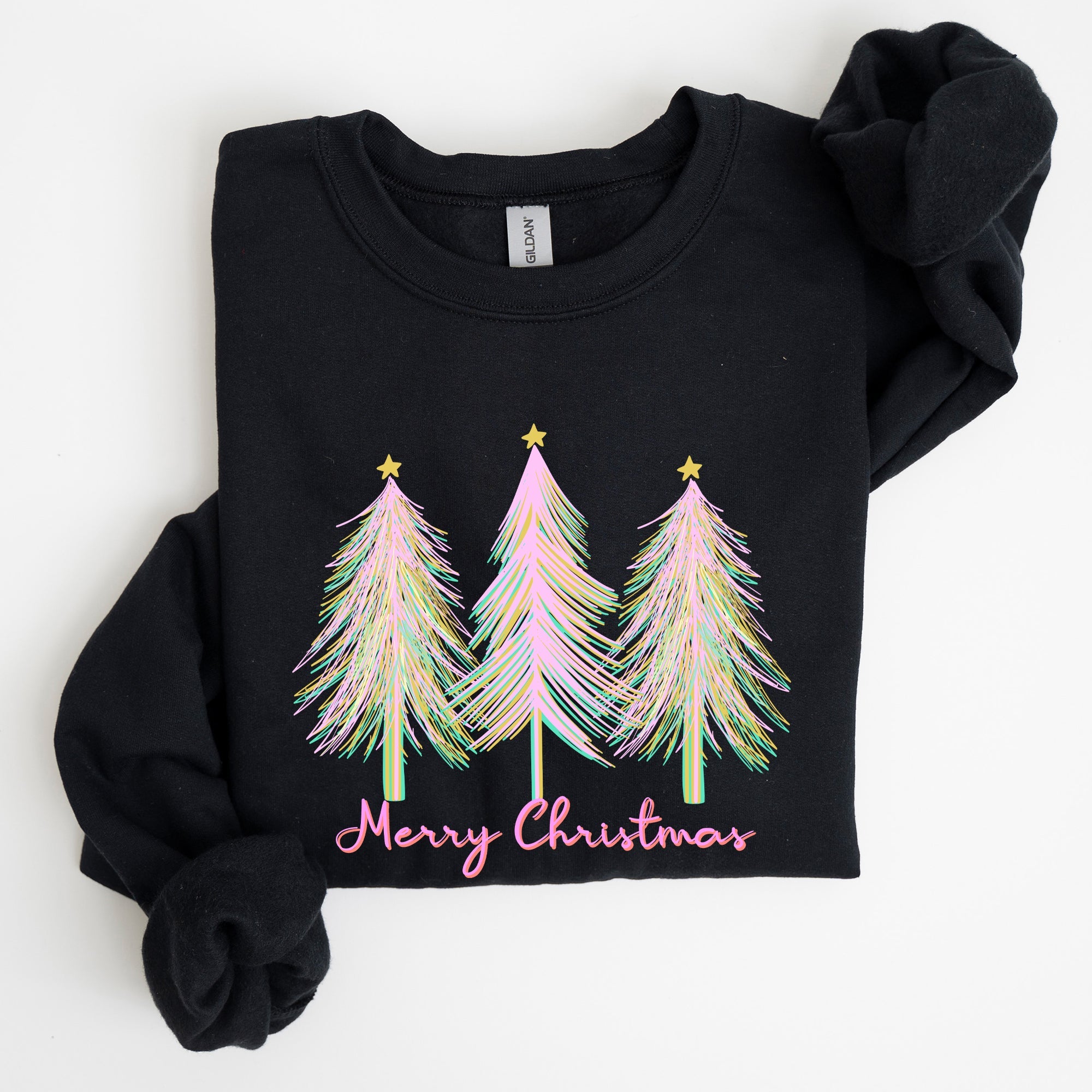 Merry Christmas Pastel Trees Winter Santa Xmas Seasonal Festive Cozy Graphic Sweatshirt