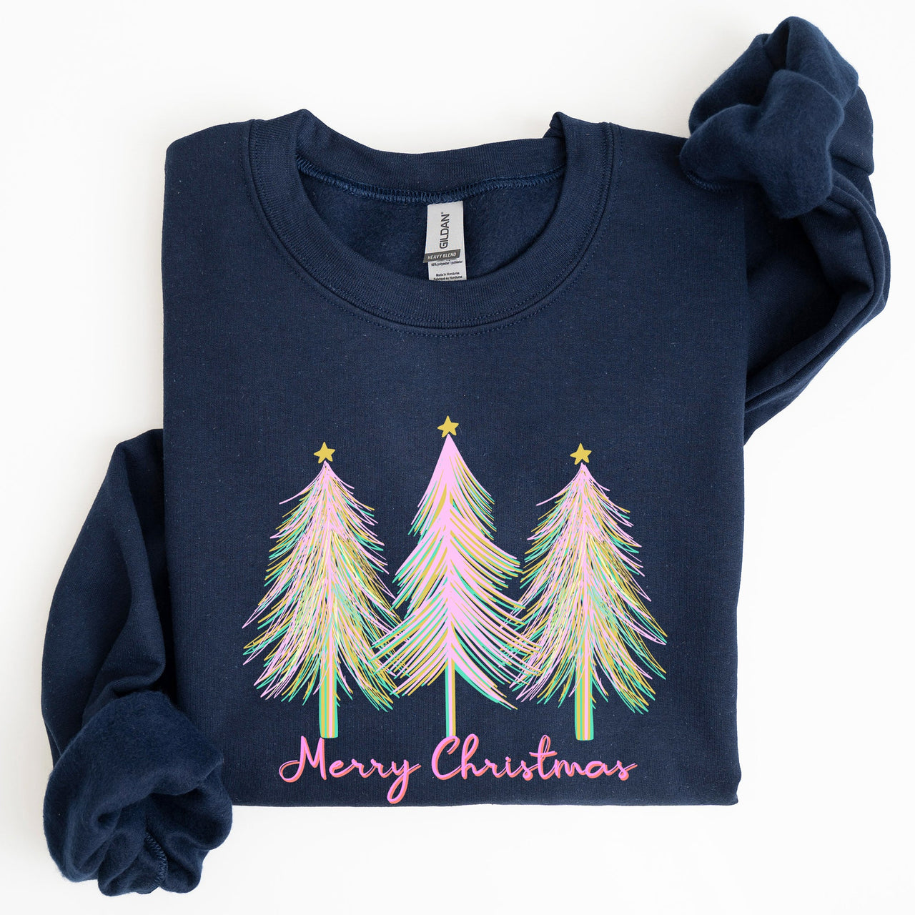 Merry Christmas Pastel Trees Winter Santa Xmas Seasonal Festive Cozy Graphic Sweatshirt