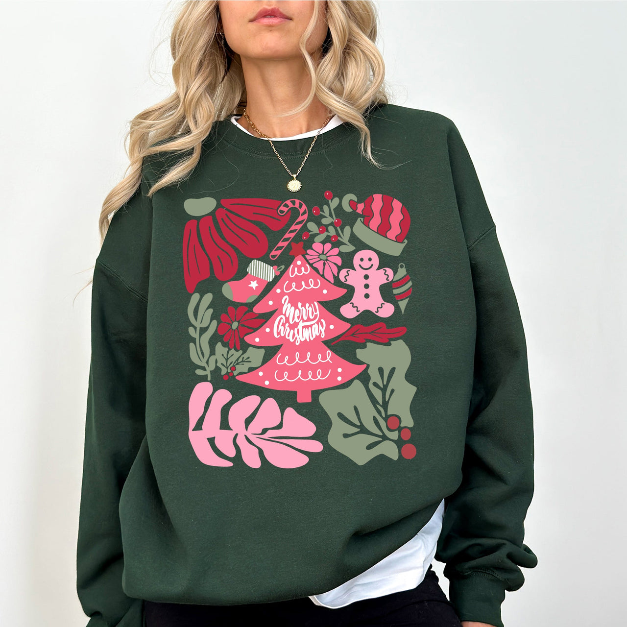Merry Christmas Pink Floral Festive Garden Bouquets With Winter Snowflakes And Holiday Cheer Sweatshirt