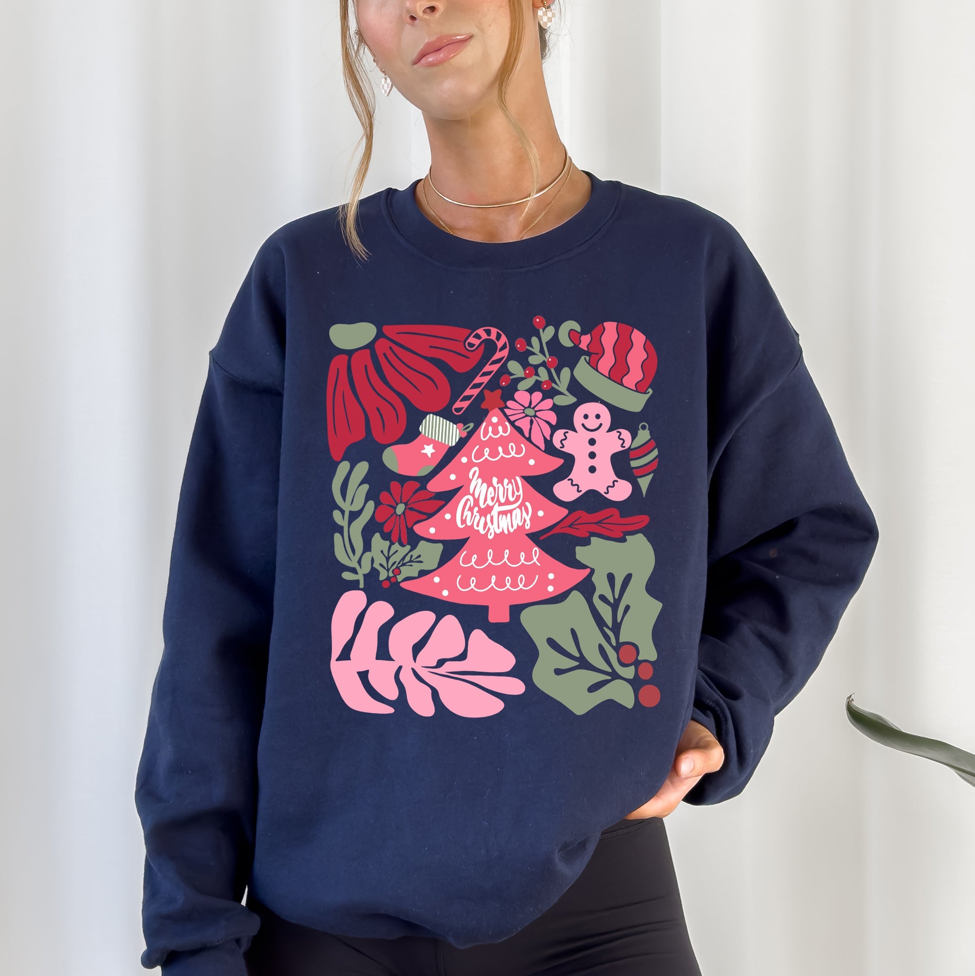 Merry Christmas Pink Floral Festive Garden Bouquets With Winter Snowflakes And Holiday Cheer Sweatshirt