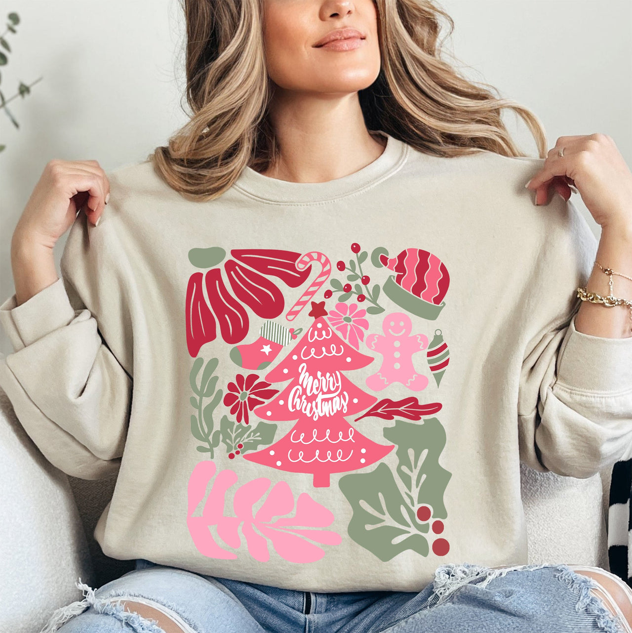 Merry Christmas Pink Floral Festive Garden Bouquets With Winter Snowflakes And Holiday Cheer Sweatshirt