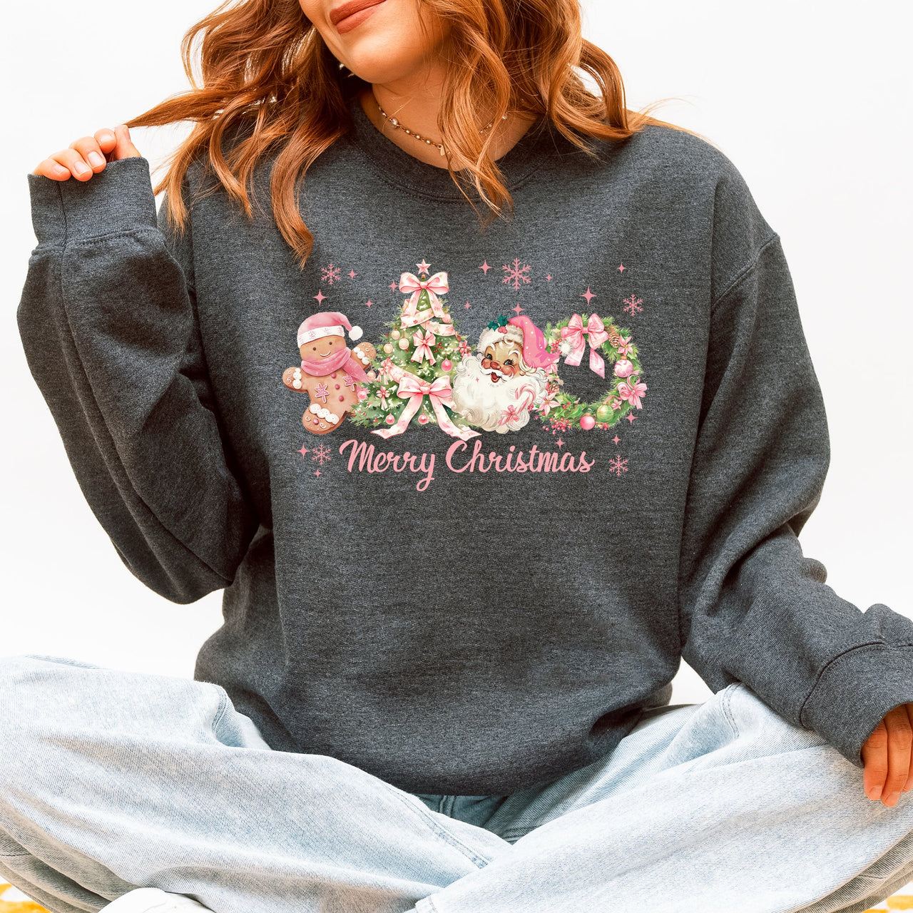 Merry Christmas Pink Santa Gingerbread Man Snowflakes Festive Graphic Sweatshirt