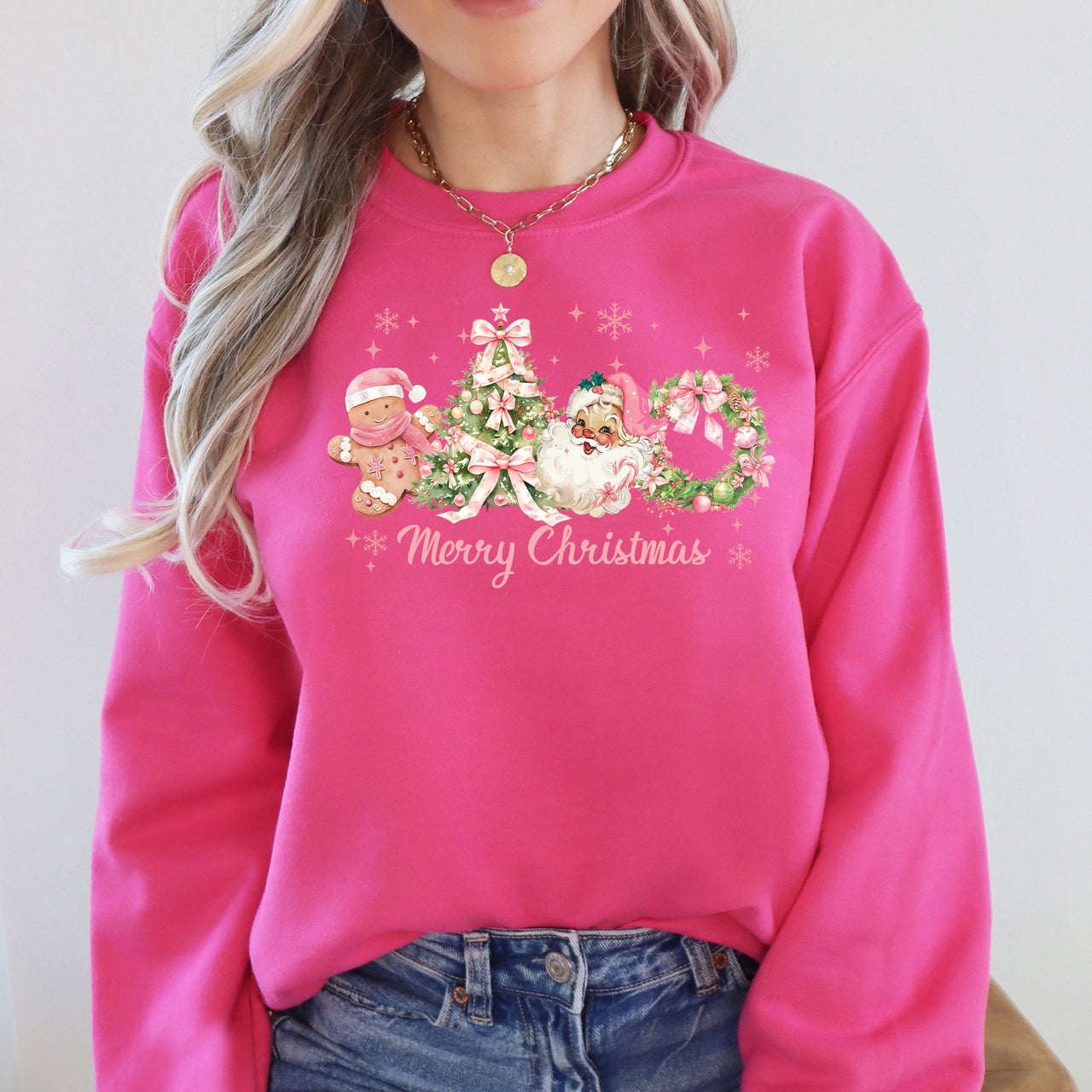 Merry Christmas Pink Santa Gingerbread Man Snowflakes Festive Graphic Sweatshirt