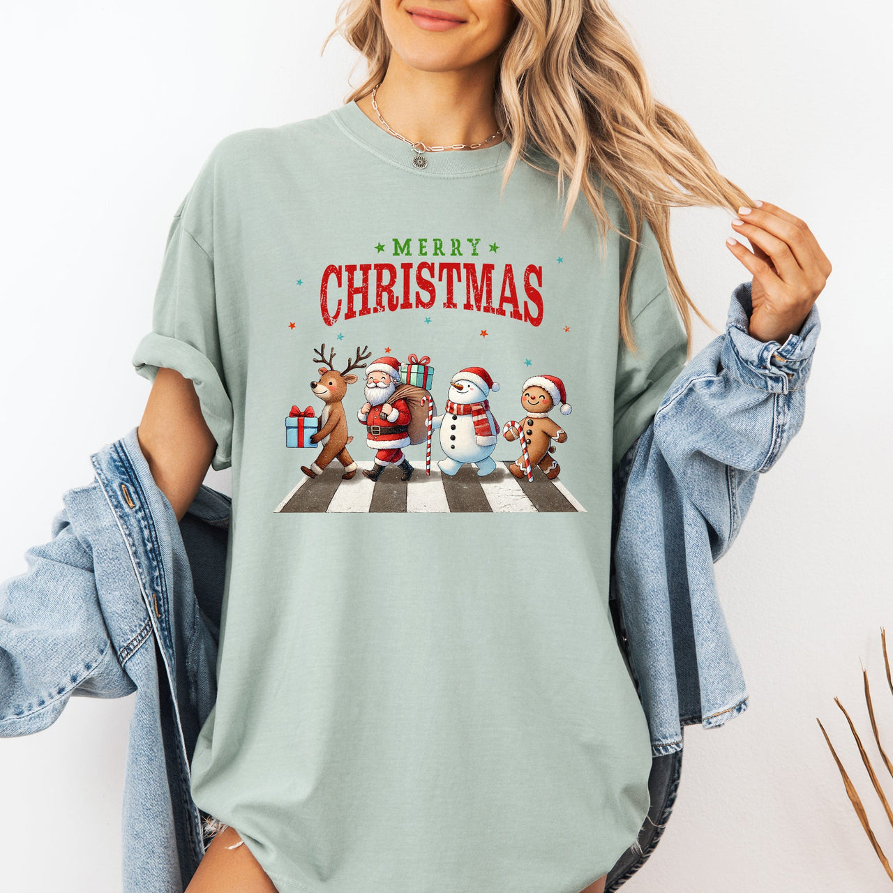 Merry Christmas Reindeer Santa Snowman Gingerbread Xmas Holiday Scene Comfort Colors Tee