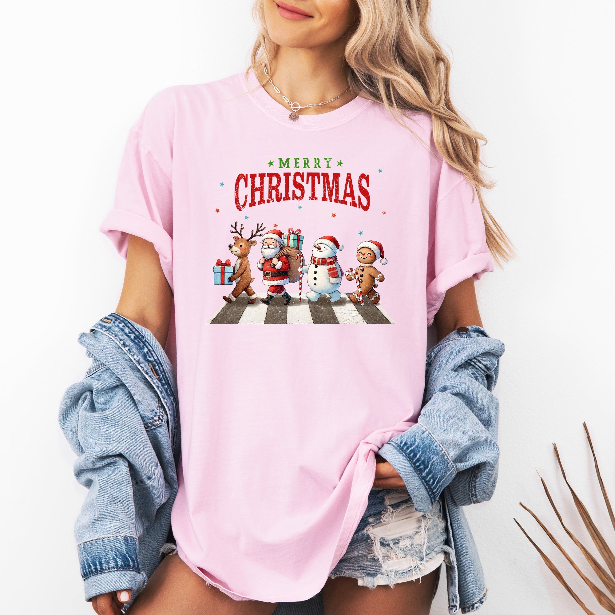 Merry Christmas Reindeer Santa Snowman Gingerbread Xmas Holiday Scene Comfort Colors Tee