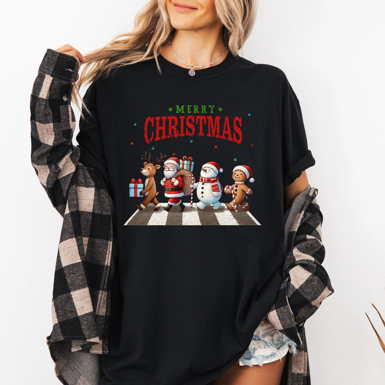 Merry Christmas Reindeer Santa Snowman Gingerbread Xmas Holiday Scene Comfort Colors Tee