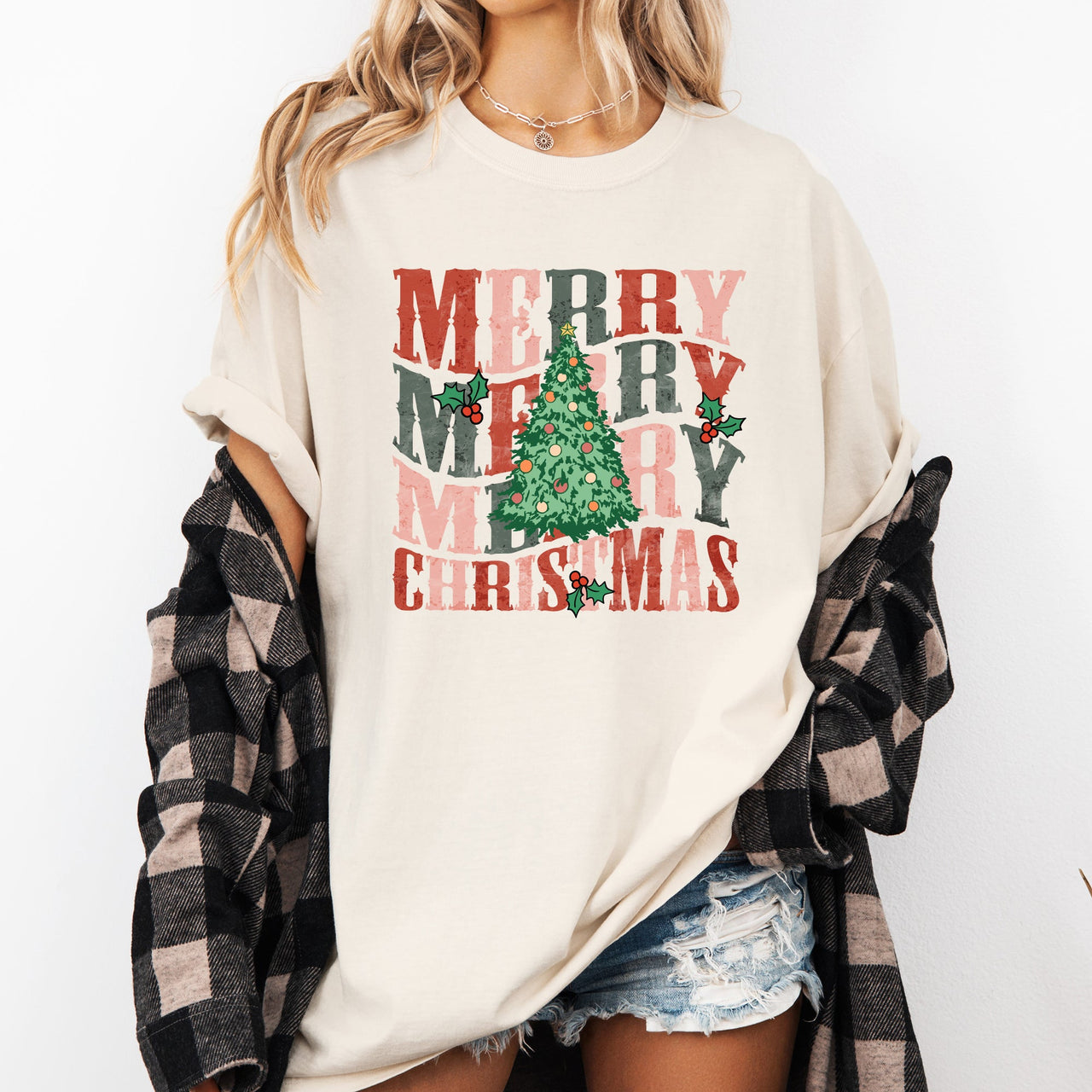 Merry Christmas Retro Tree Holly Santa Winter Xmas Festive Scene Comfort Colors Tee