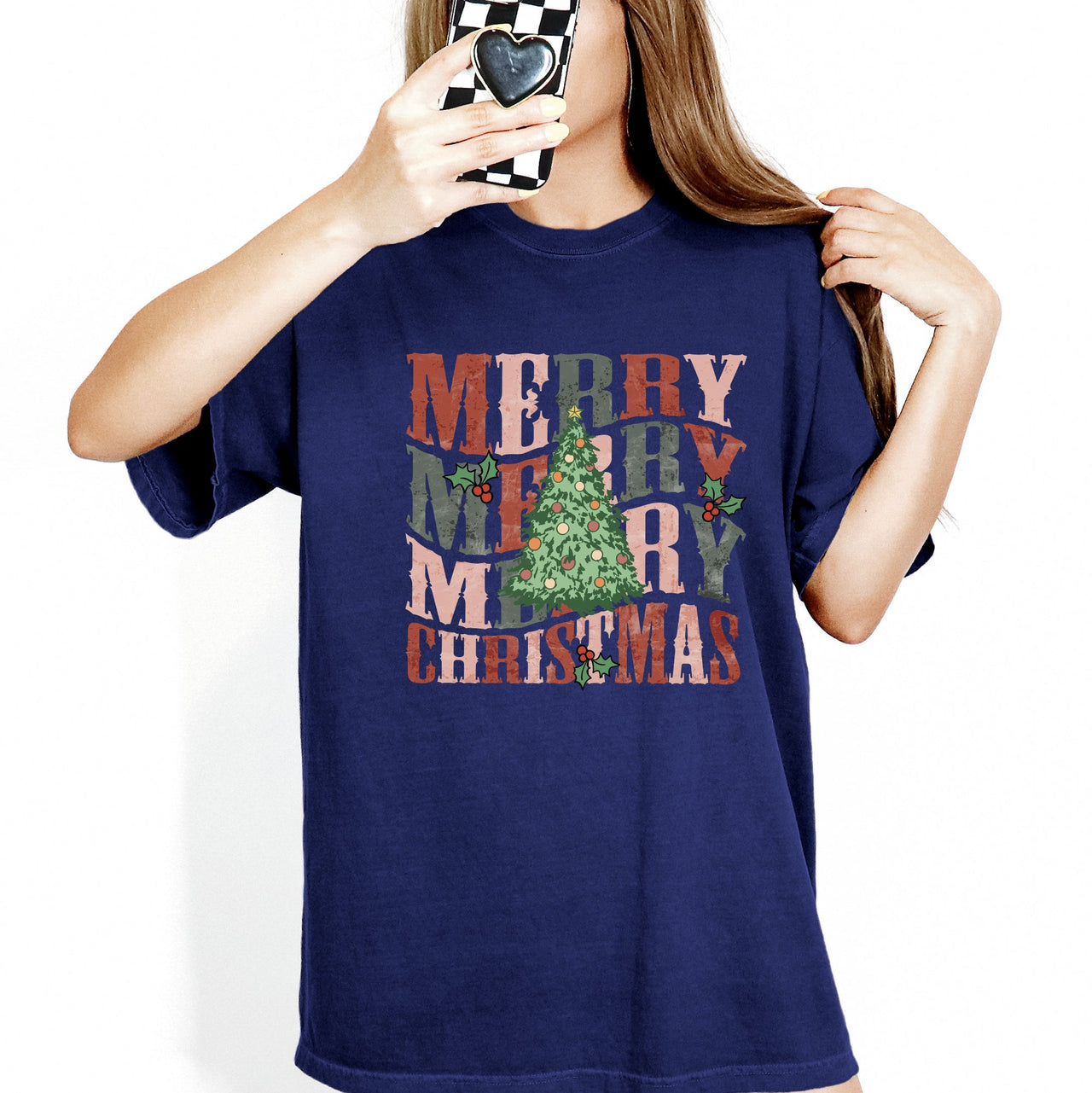 Merry Christmas Retro Tree Holly Santa Winter Xmas Festive Scene Comfort Colors Tee
