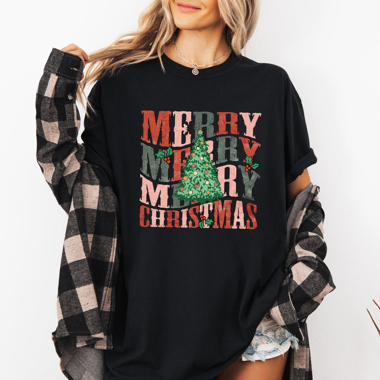 Merry Christmas Retro Tree Holly Santa Winter Xmas Festive Scene Comfort Colors Tee