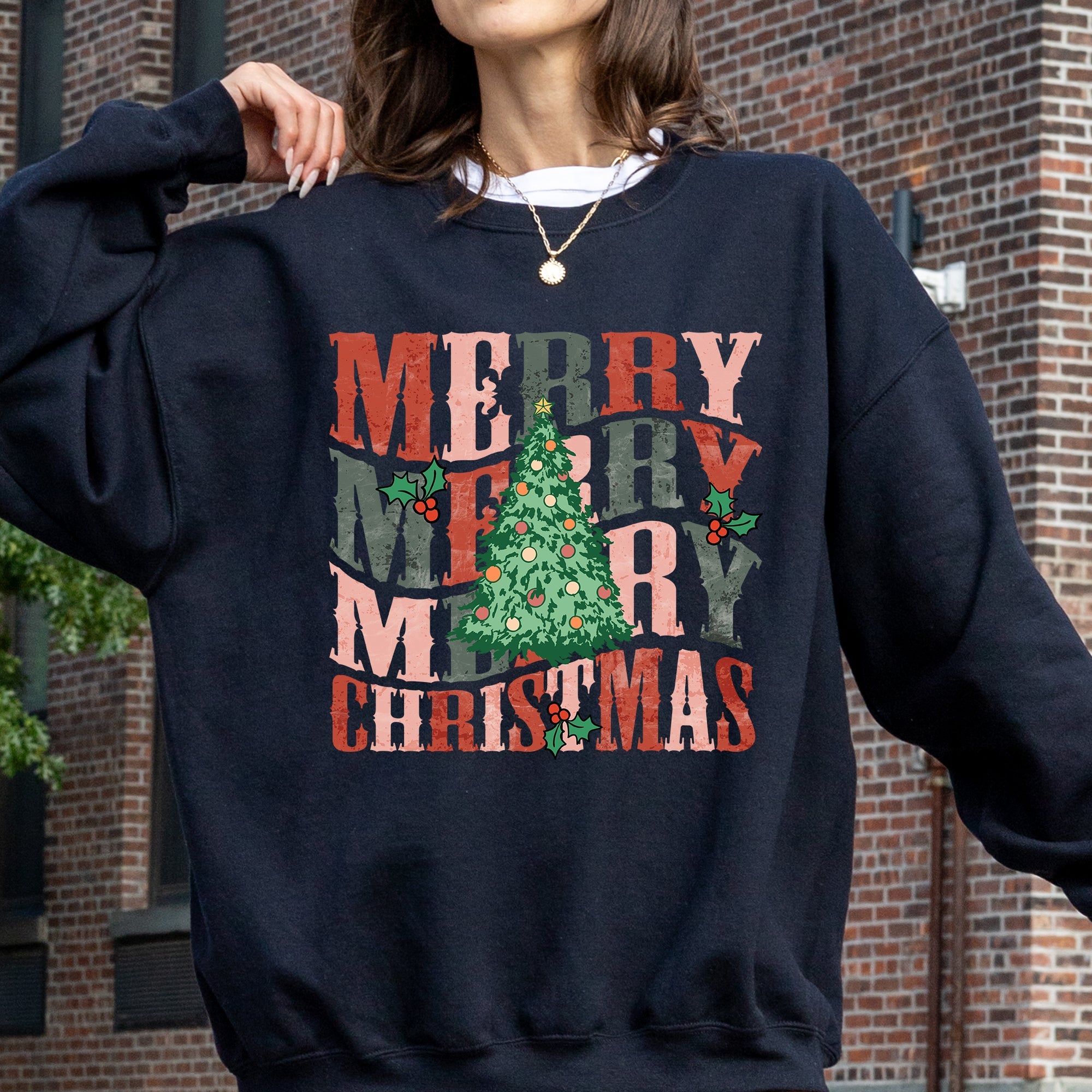 Merry Christmas Retro Tree Holly Santa Winter Xmas Cozy Vintage Holiday Graphic Sweatshirt