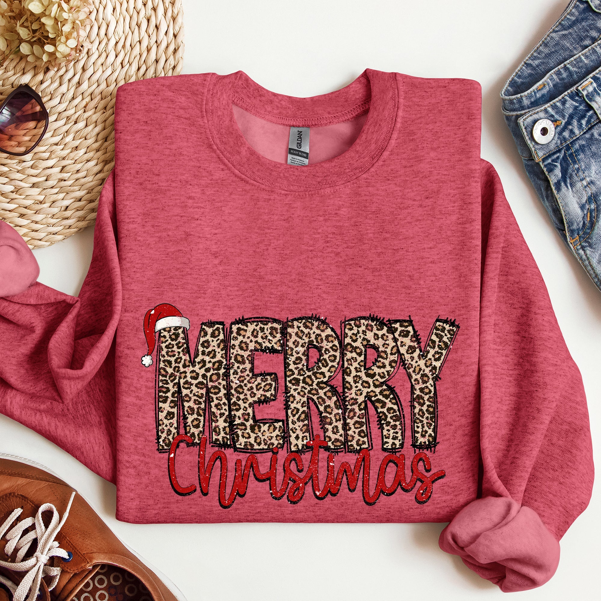 Merry Christmas, Retro Leopard Print Cozy Winter Holiday Graphic Festive Season Collection Sweatshirt