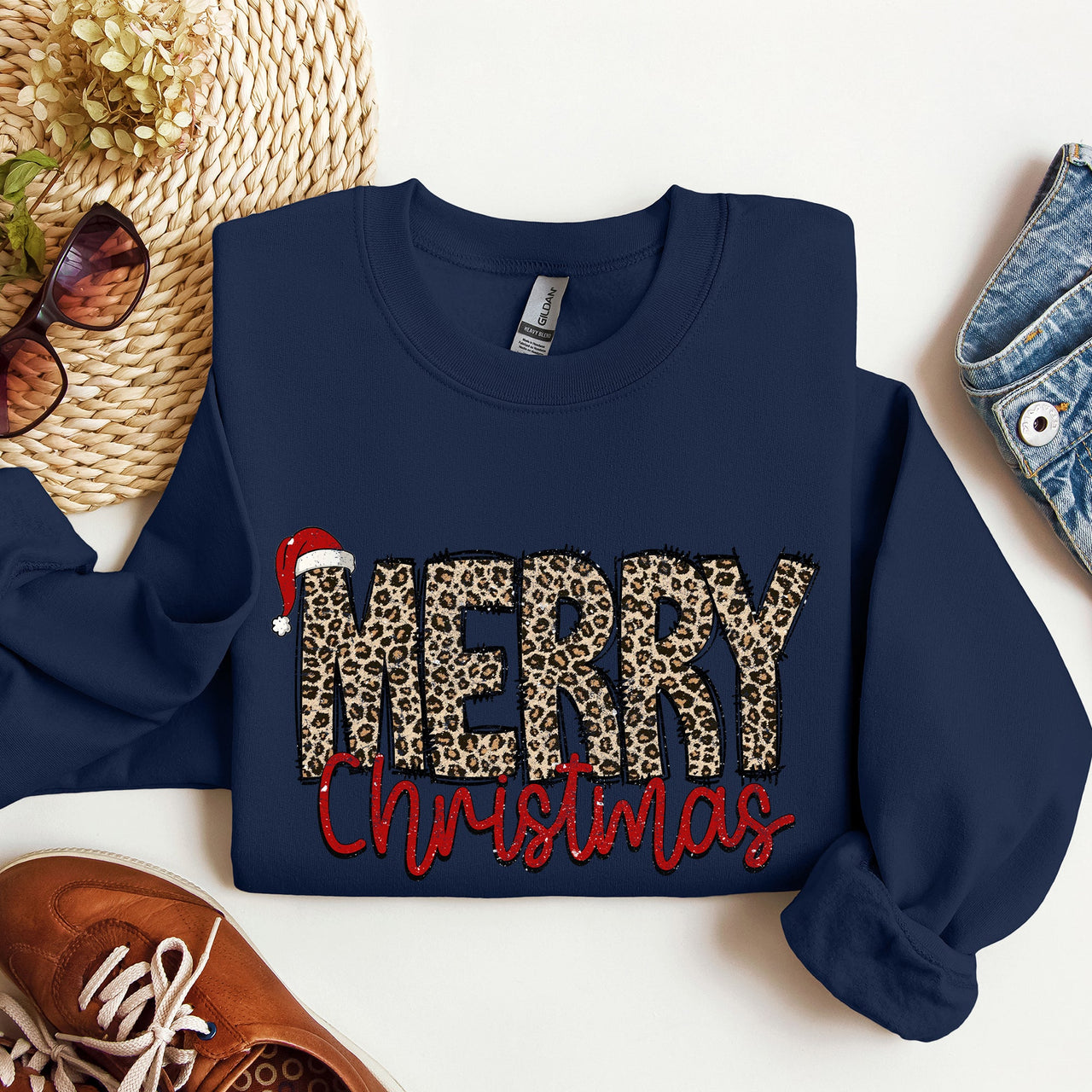 Merry Christmas, Retro Leopard Print Cozy Winter Holiday Graphic Festive Season Collection Sweatshirt