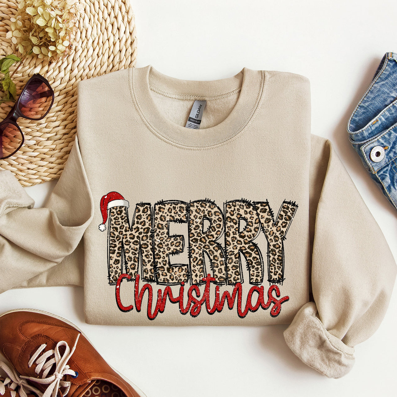 Merry Christmas, Retro Leopard Print Cozy Winter Holiday Graphic Festive Season Collection Sweatshirt