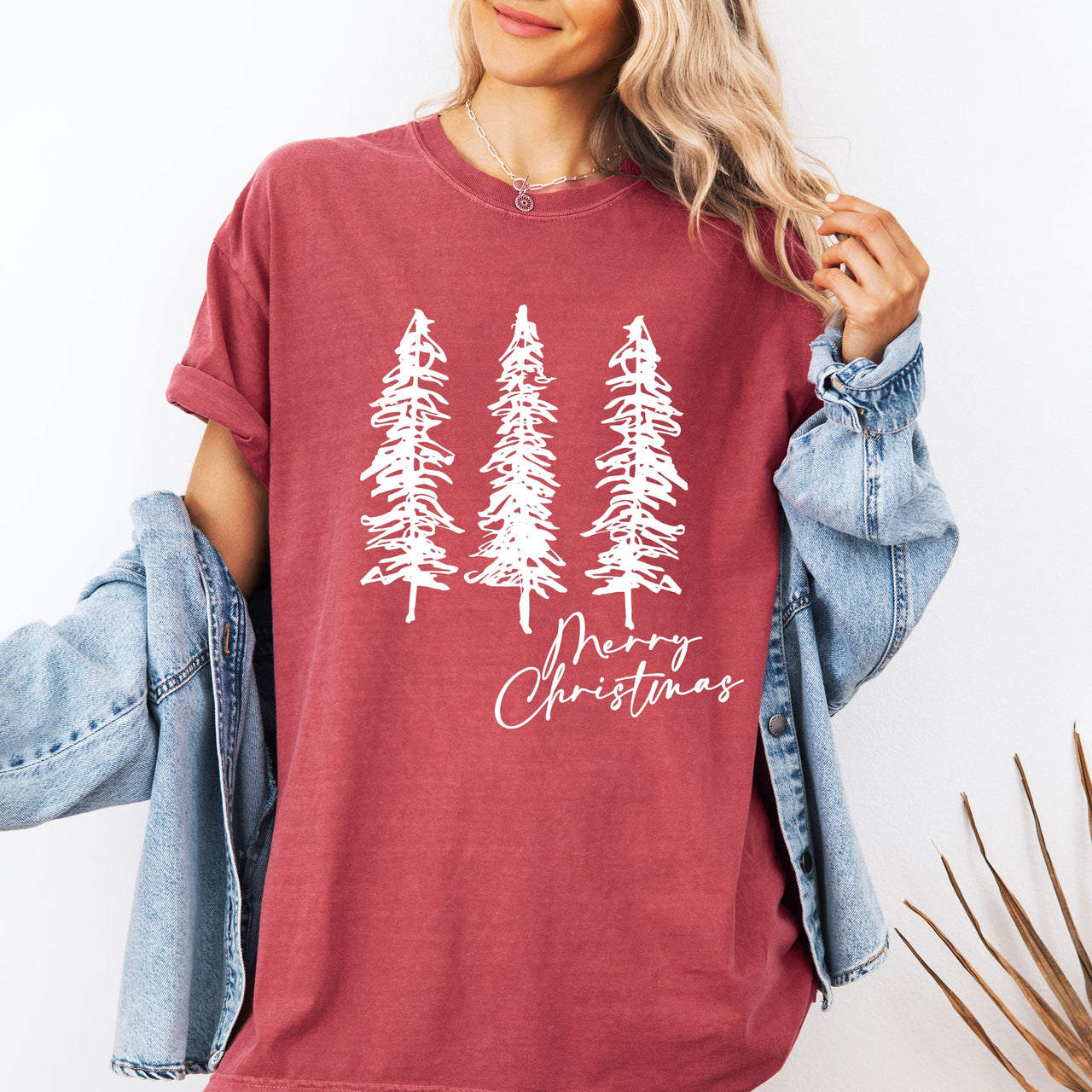 Merry Christmas Sketched Pine Trees Minimalist Winter Snow Scene Comfort Colors Tee