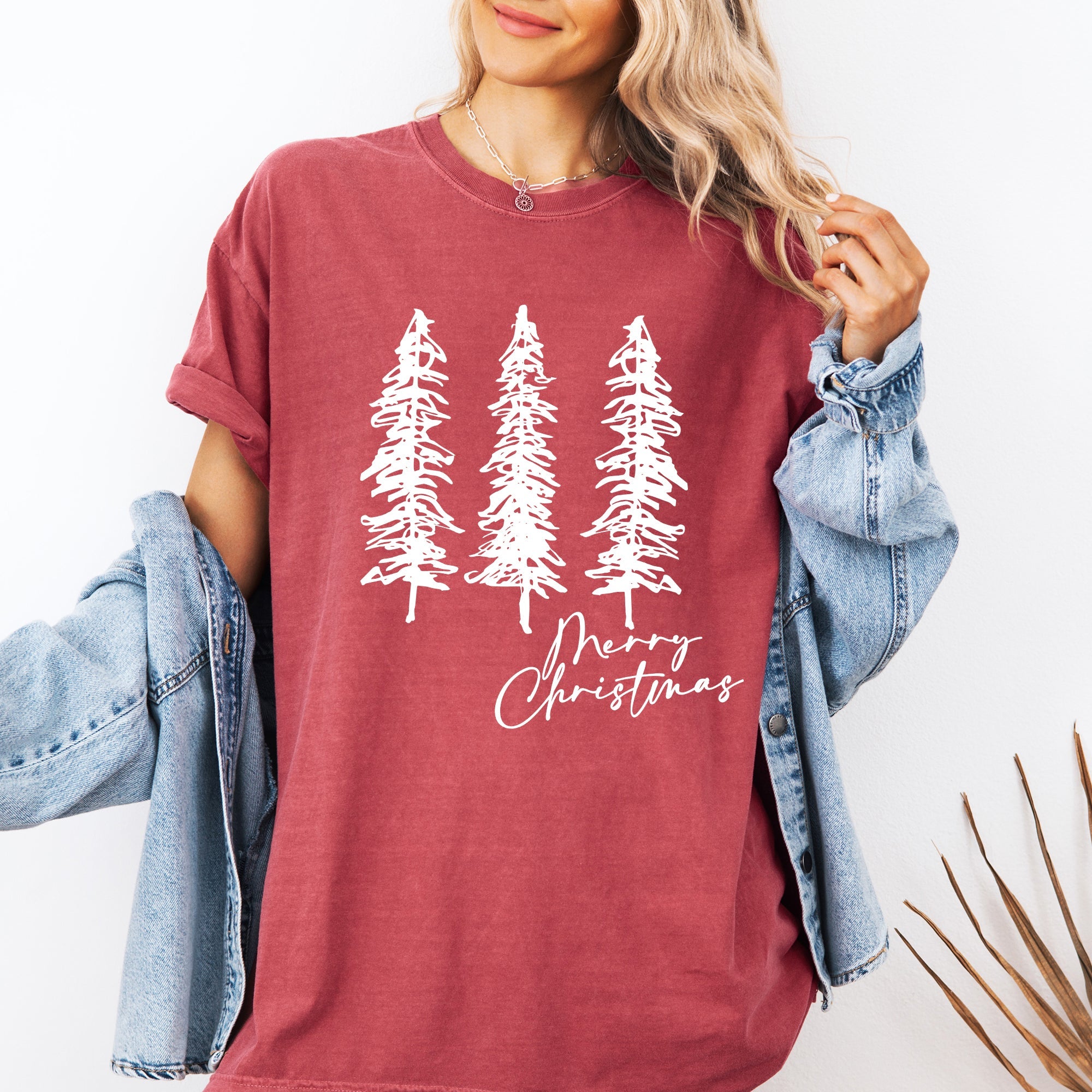 Merry Christmas Sketched Pine Trees Minimalist Winter Snow Scene Comfort Colors Tee