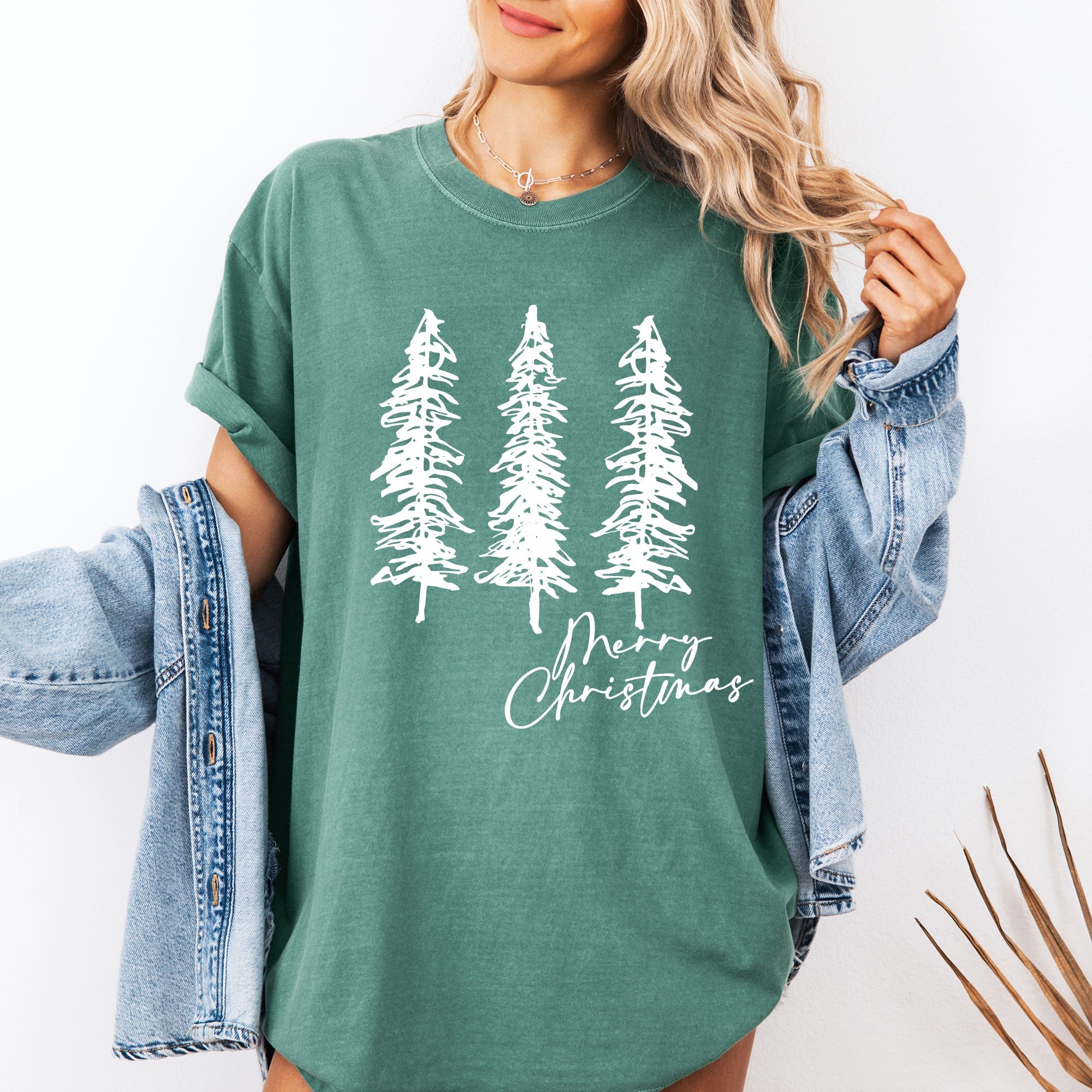 Merry Christmas Sketched Pine Trees Minimalist Winter Snow Scene Comfort Colors Tee