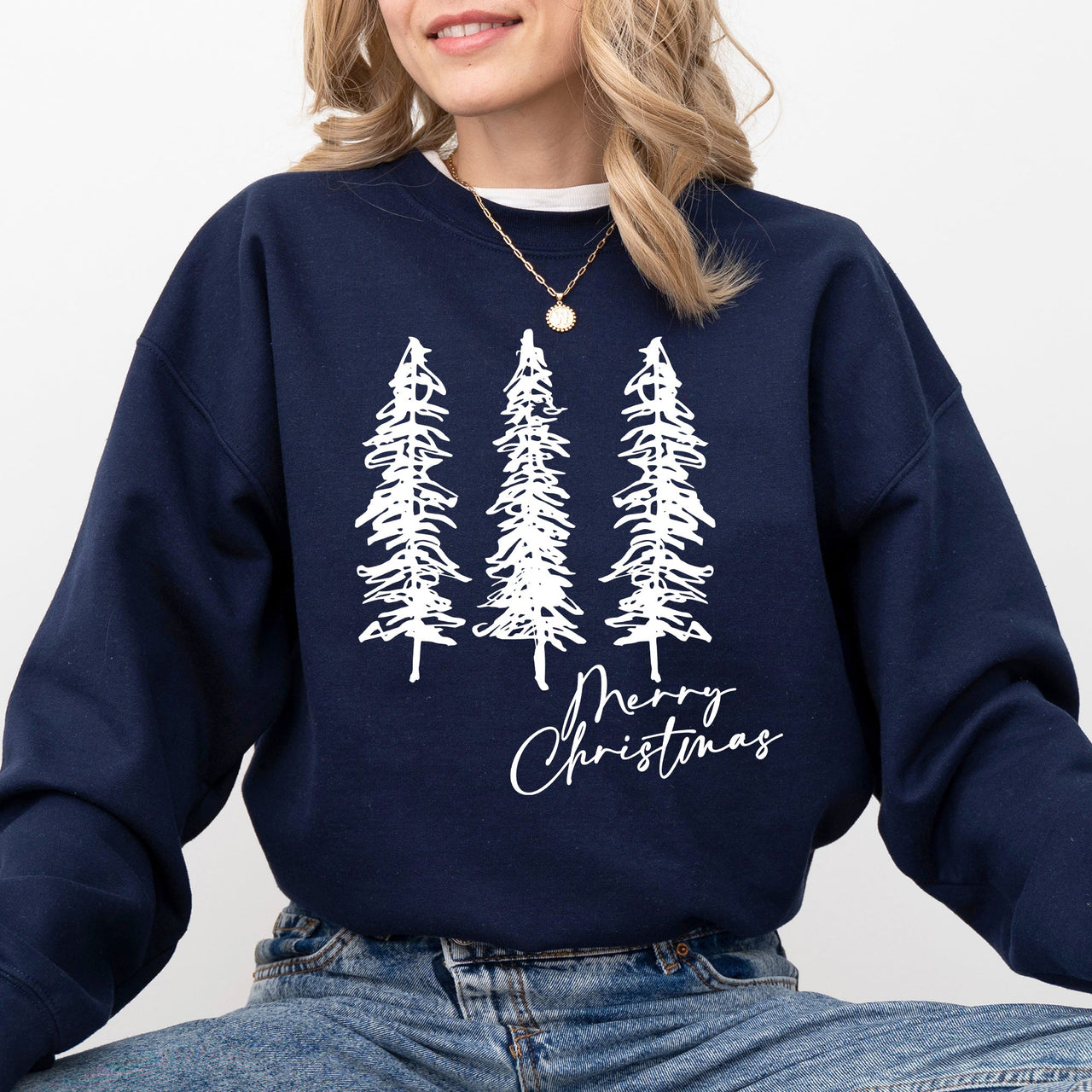 Merry Christmas Sketched Pine Trees Minimalist Winter Snow Xmas Cozy Cotton Blend Sweatshirt
