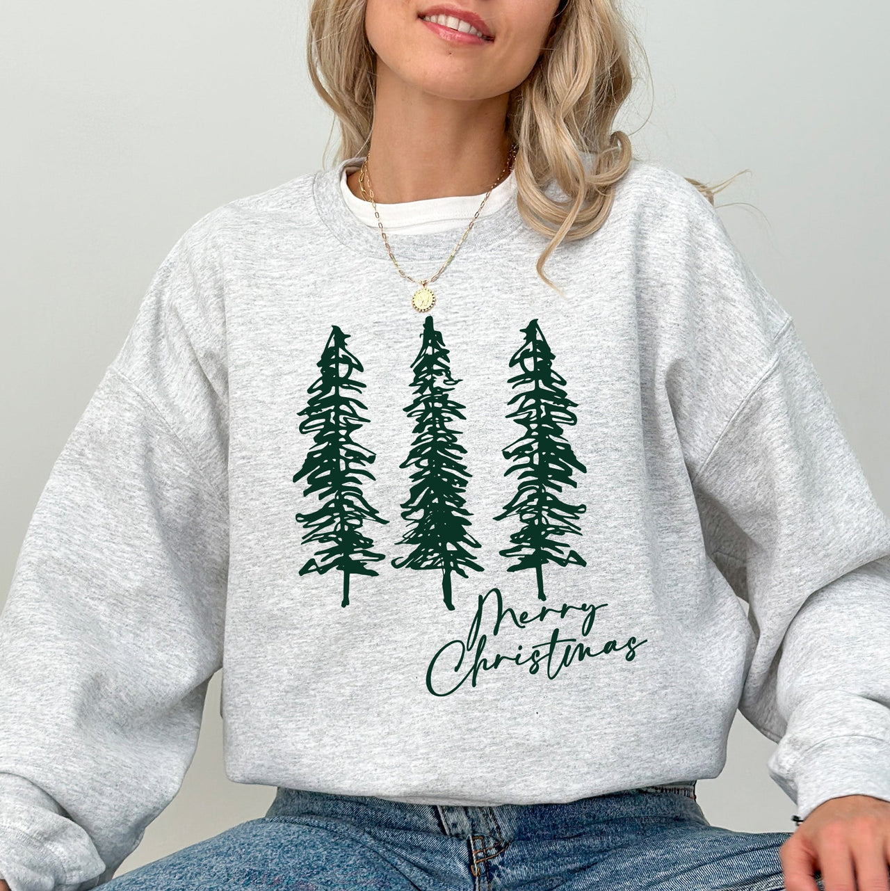 Merry Christmas Sketched Pine Trees Minimalist Winter Snow Xmas Cozy Cotton Blend Sweatshirt