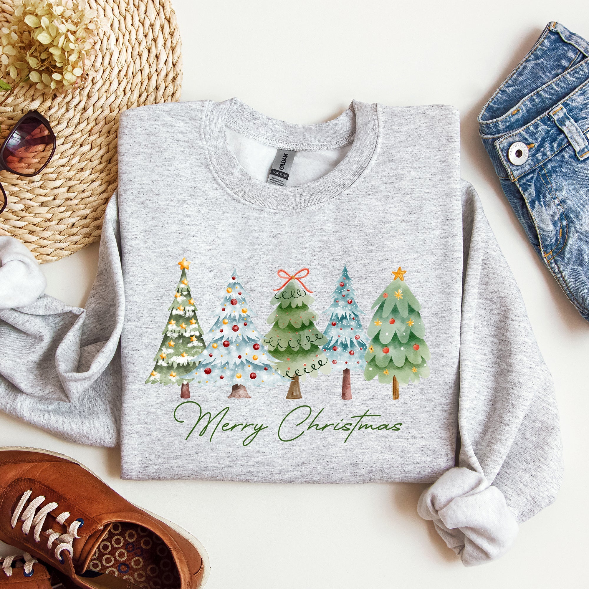 Merry Christmas Tree Santa Colorful Artwork Winter Holiday Scene Cozy Festive Sweatshirt