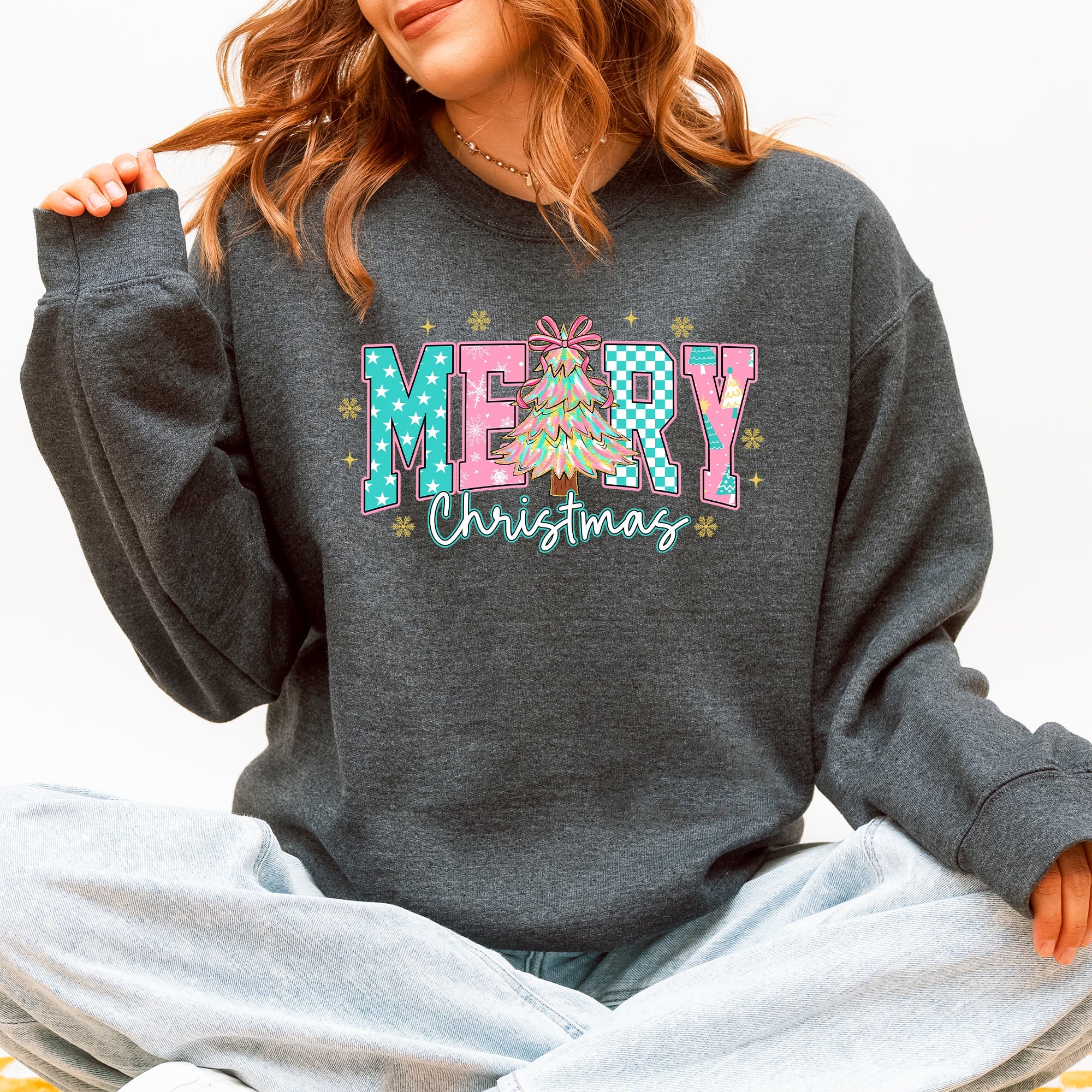 Merry Christmas Varsity Santa Christmas Tree Pink Pattern Retro Checkered Sweatshirt