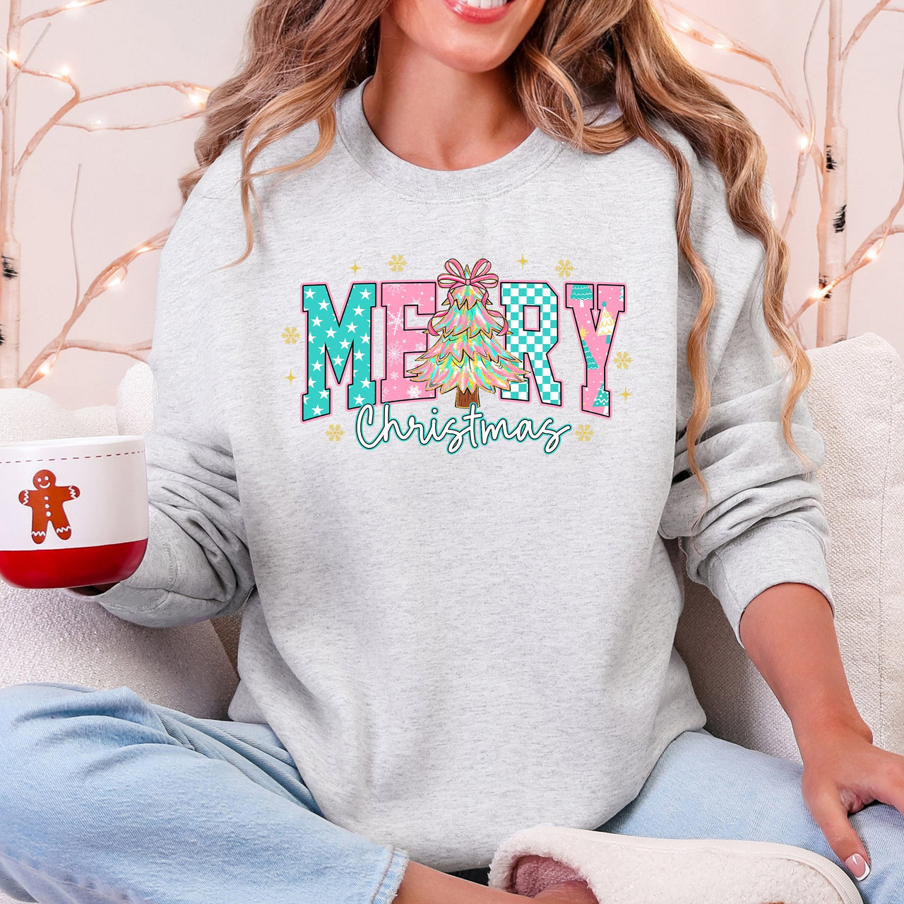 Merry Christmas Varsity Santa Christmas Tree Pink Pattern Retro Checkered Sweatshirt