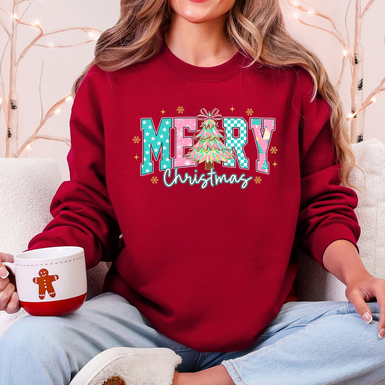 Merry Christmas Varsity Santa Christmas Tree Pink Pattern Retro Checkered Sweatshirt