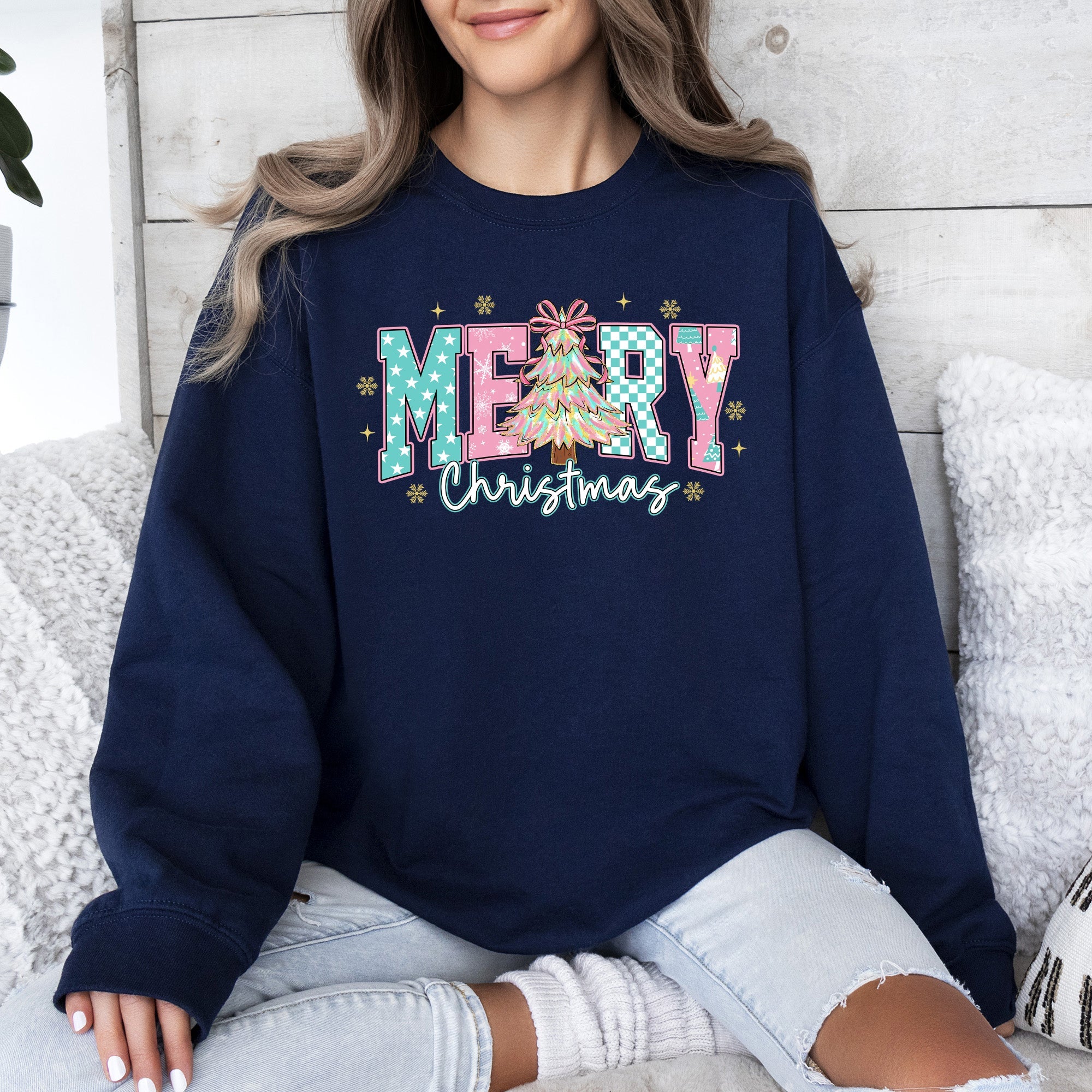 Merry Christmas Varsity Santa Christmas Tree Pink Pattern Retro Checkered Sweatshirt