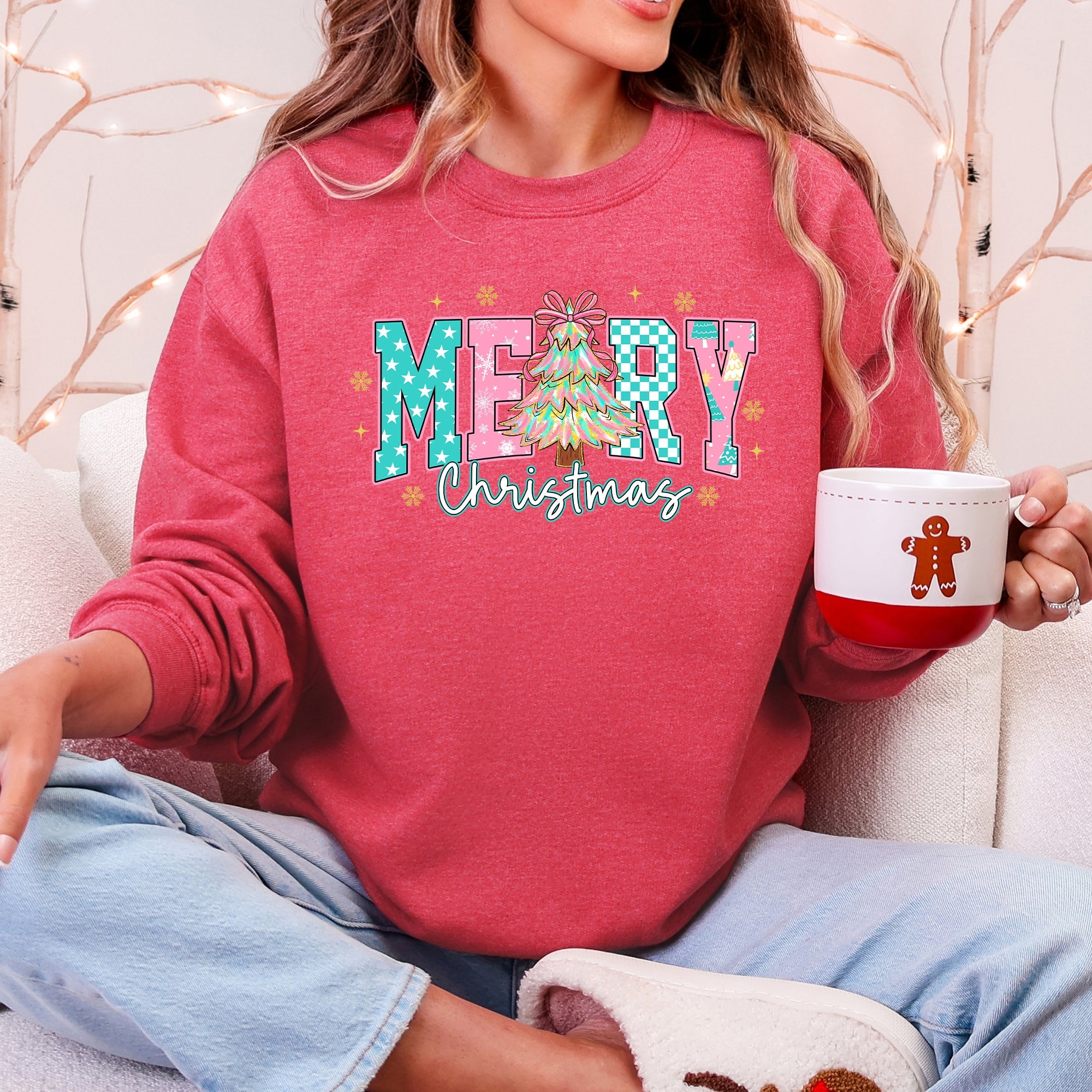 Merry Christmas Varsity Santa Christmas Tree Pink Pattern Retro Checkered Sweatshirt