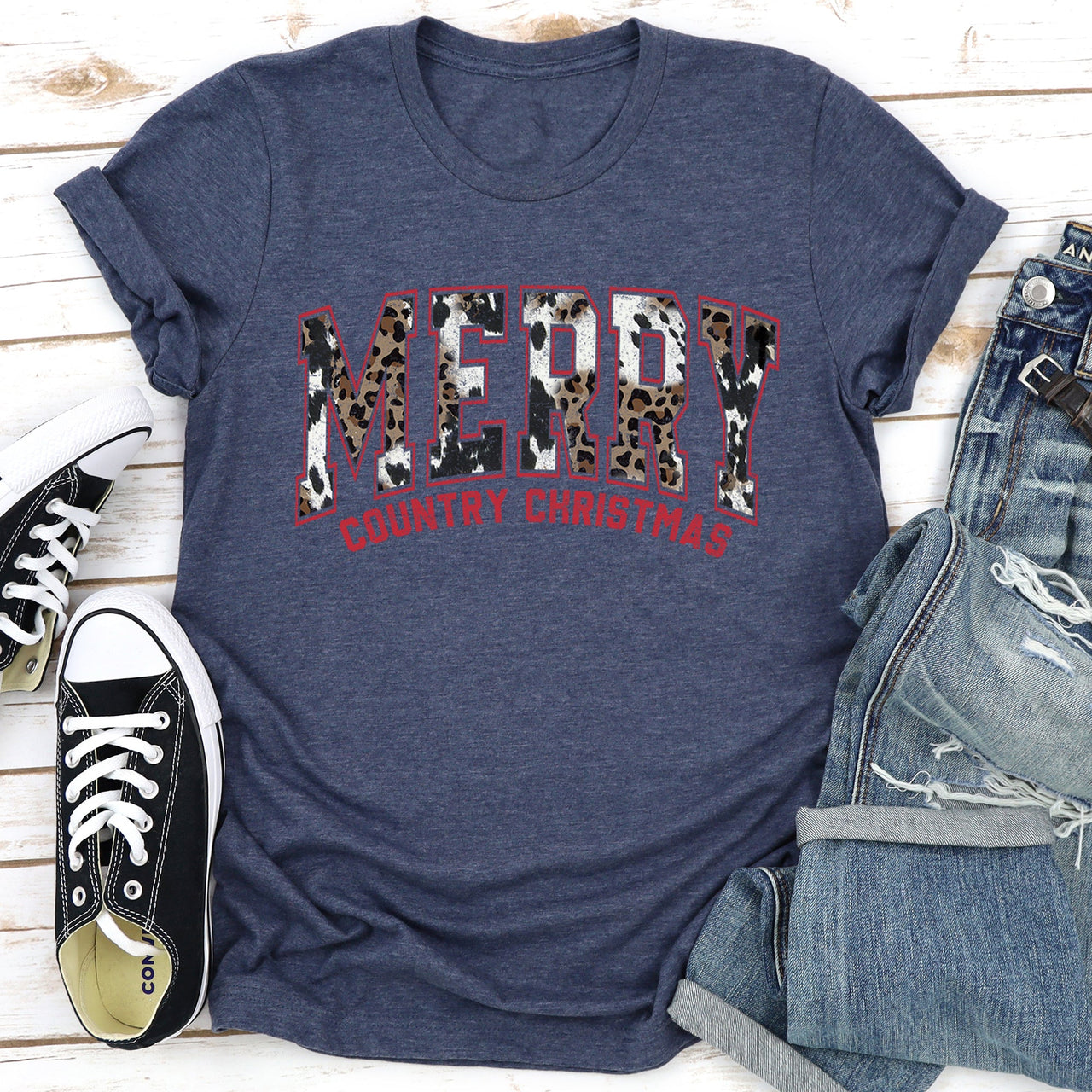 Merry Country Christmas Collegiate Retro Fur Leopard Print Ultra Soft Graphic Tee