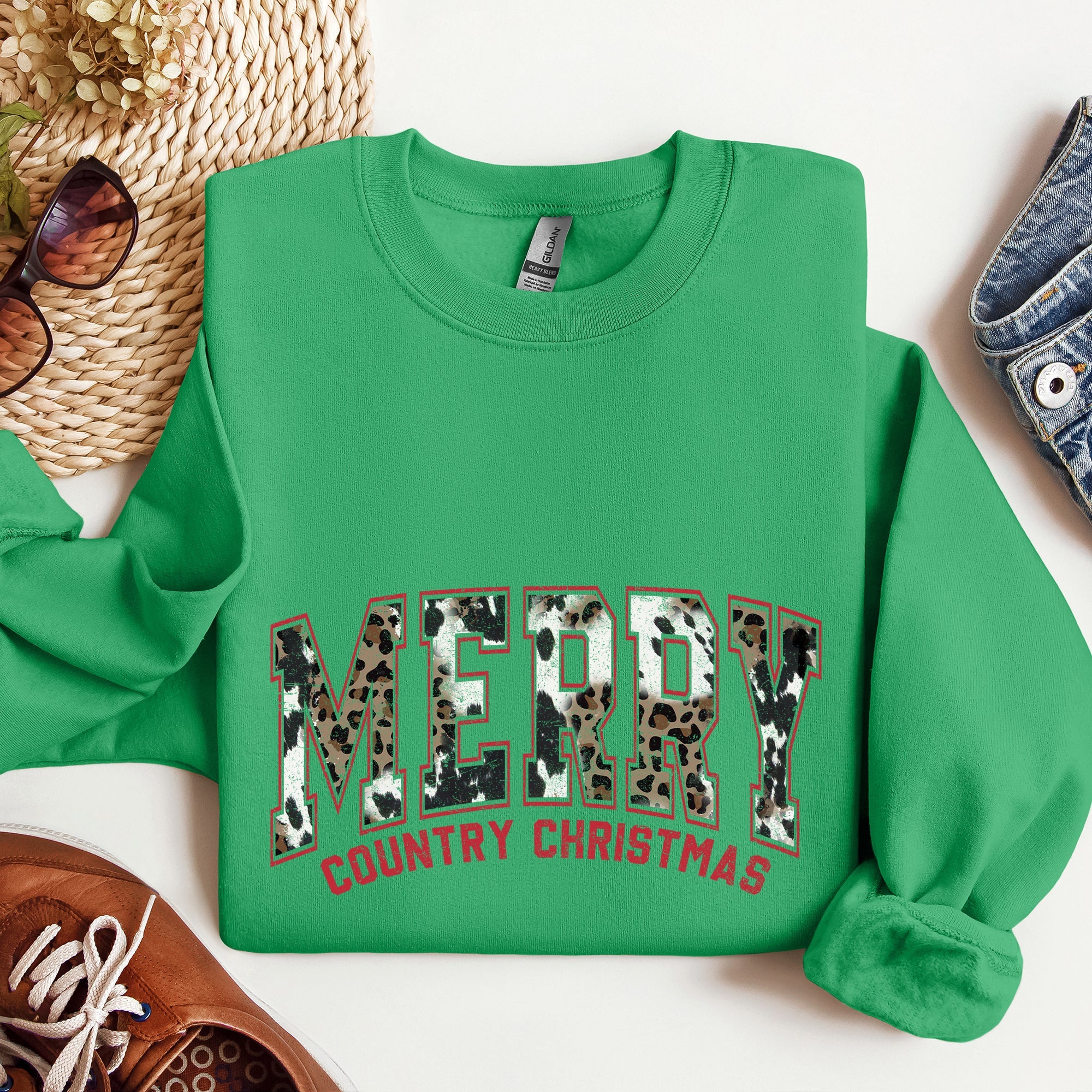 Merry Country Christmas Collegiate Style Retro Fur Leopard Print Holiday Sweatshirt