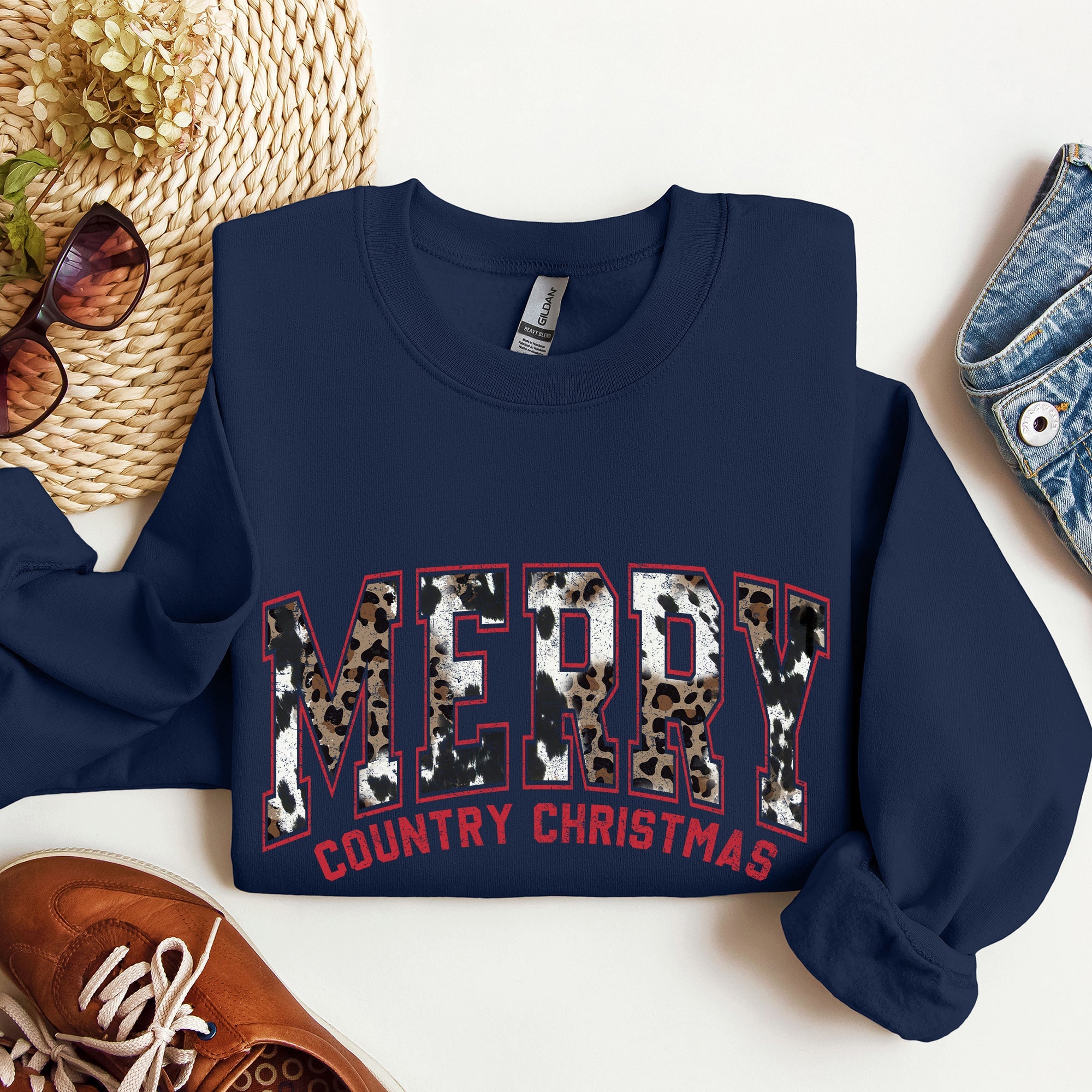 Merry Country Christmas Collegiate Style Retro Fur Leopard Print Holiday Sweatshirt