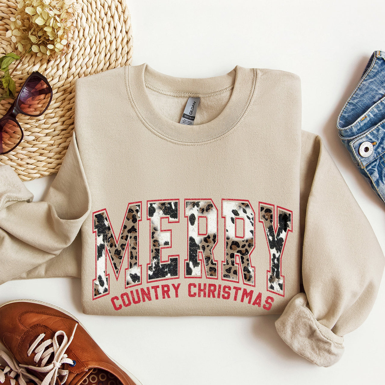Merry Country Christmas Collegiate Style Retro Fur Leopard Print Holiday Sweatshirt