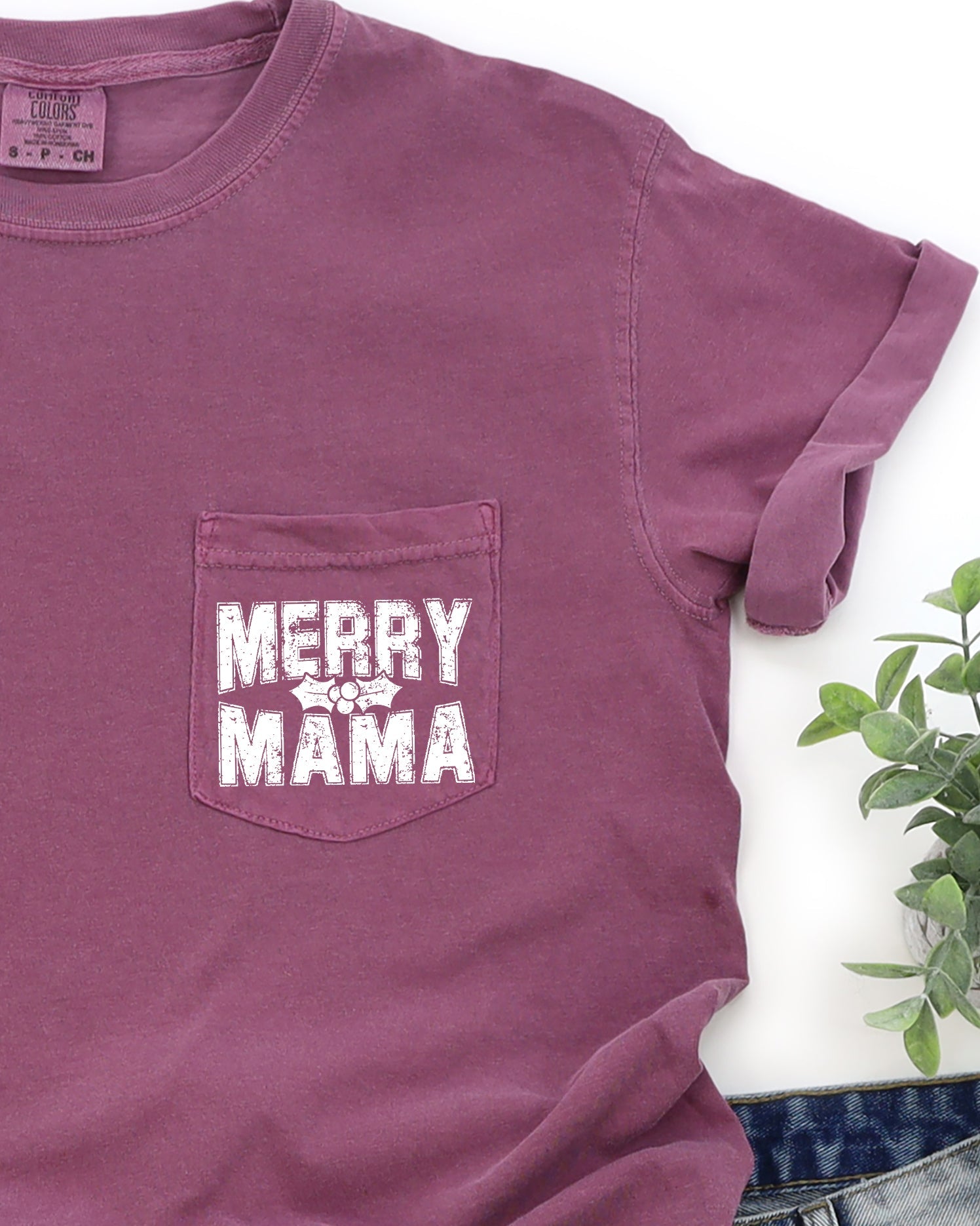 Merry Mama Pocket Christmas Santa Snow Xmas Holiday Cheer Family Style Comfort Colors Tee