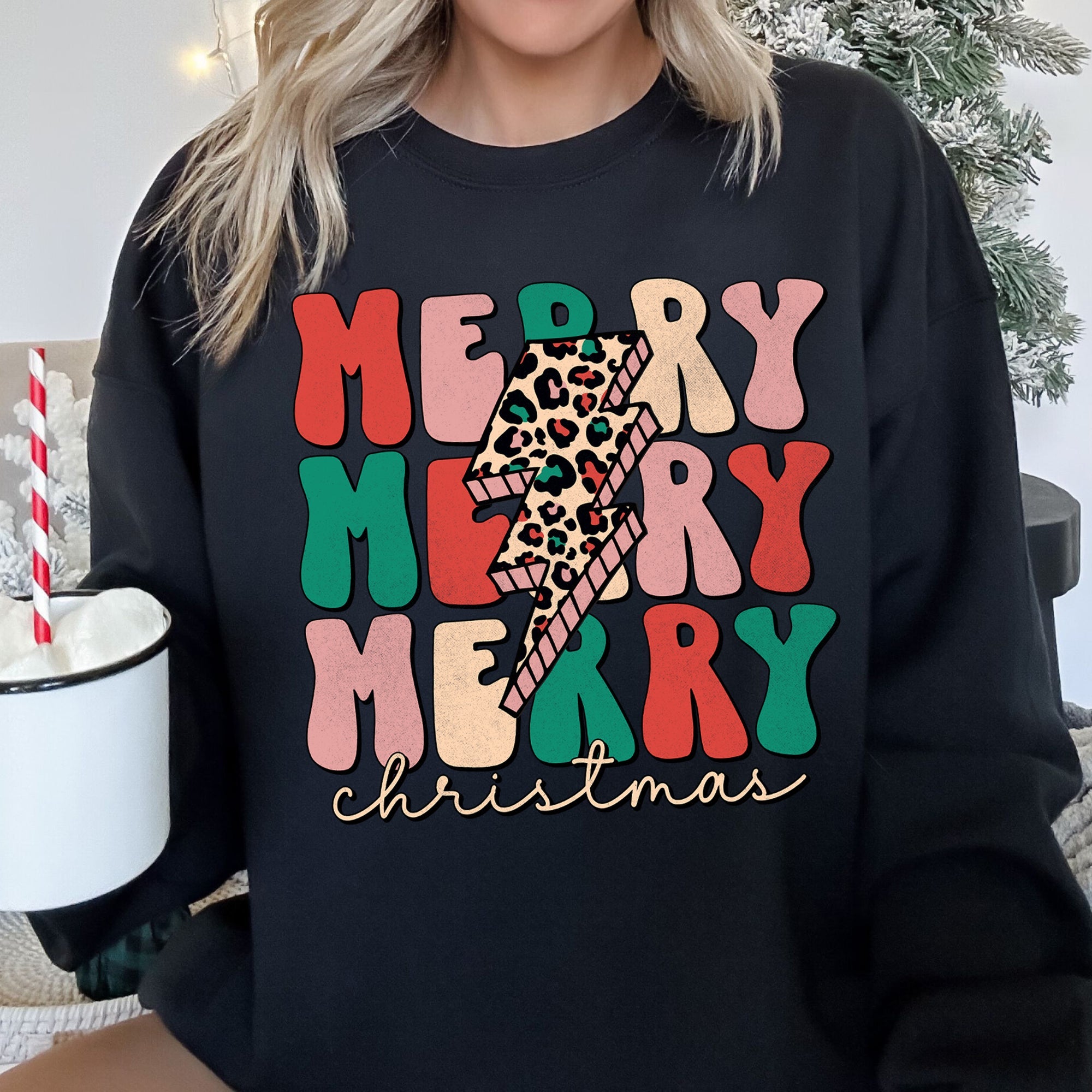 Merry Christmas Retro Leopard Print Cozy Festive Snowflake Graphic Christmas Cheer Holiday Sweatshirt