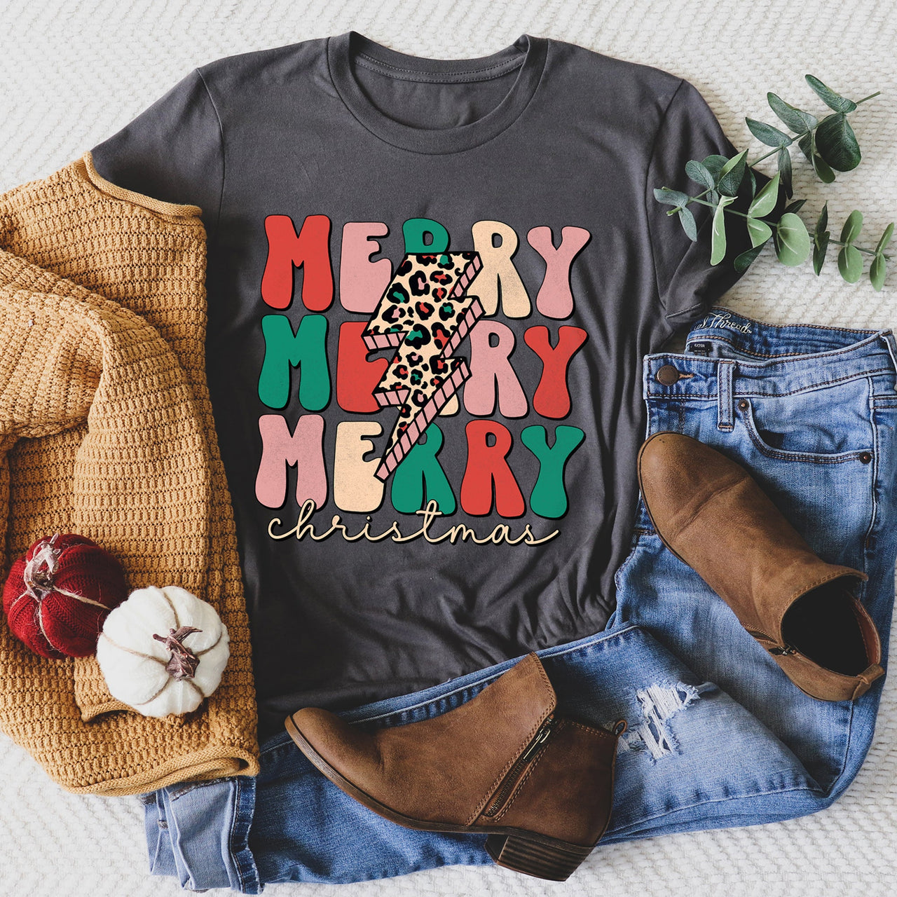 Merry Merry Merry Christmas Retro Leopard Print Super Soft Cozy Festive Holiday Graphic Tee