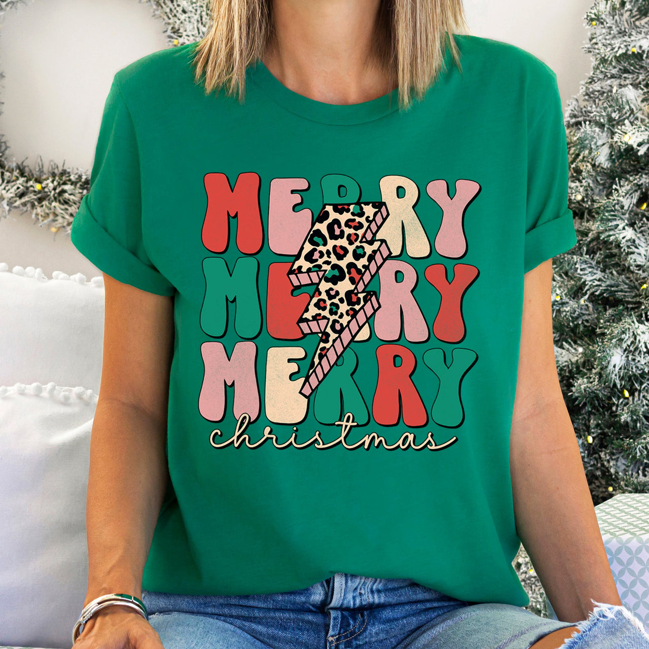 Merry Merry Merry Christmas Retro Leopard Print Super Soft Cozy Festive Holiday Graphic Tee